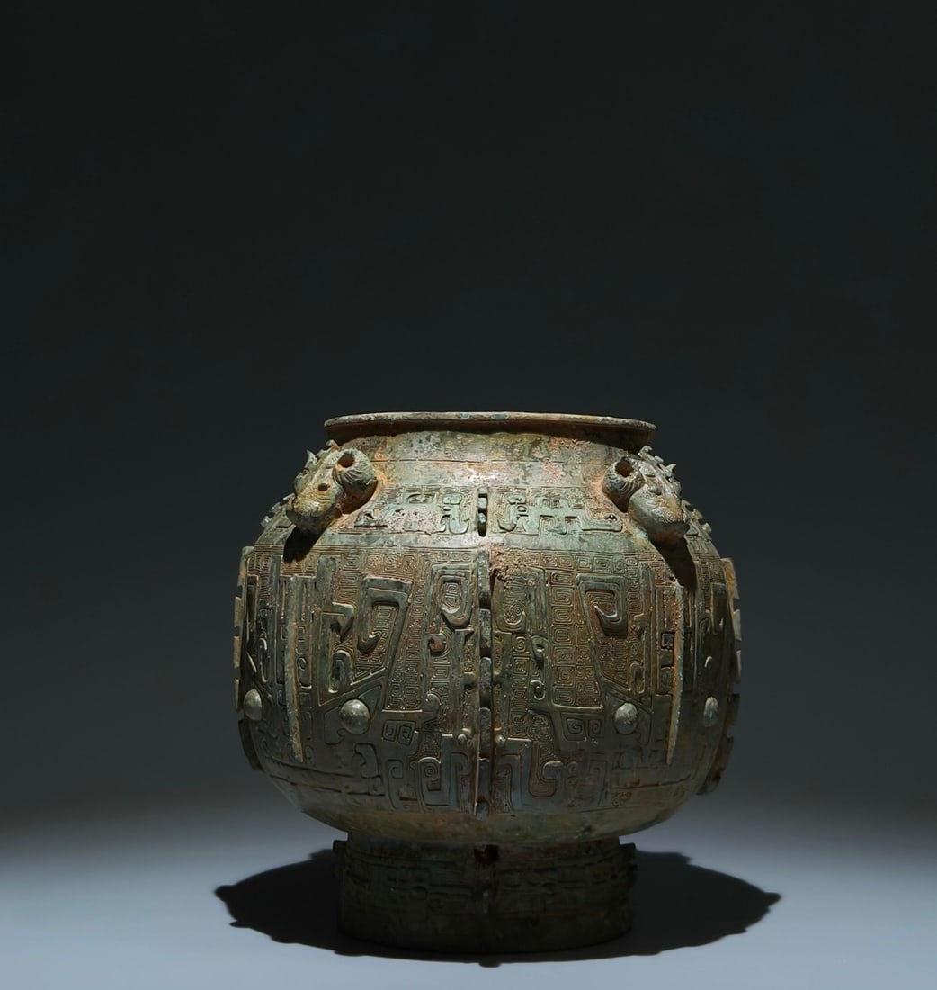 An Archaic Bronze Beast-Face Pattern Goat-head Food Vessel: An Archaic Bronze Beast-Face Pattern Goat-head Food Vessel,Shang Dynasty, China,Size:7.9inx7.9in 