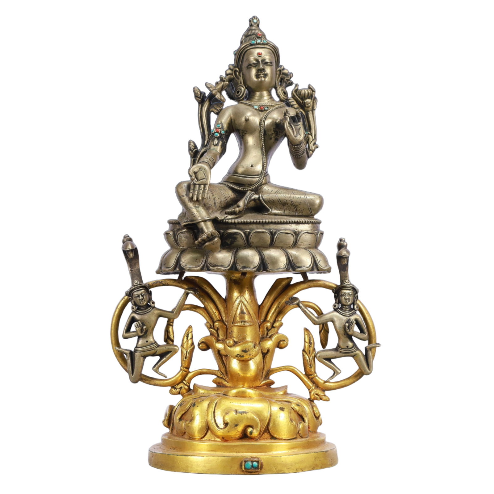 A Solemn Gilt Bronze Statue of Tara,Inlaid Turquoise: A Solemn Gilt Bronze Statue of Tara,Inlaid Turquoise,Ming Dynasty, China,Size:7.9inx5.1inx13.4in,Weight:3300g 