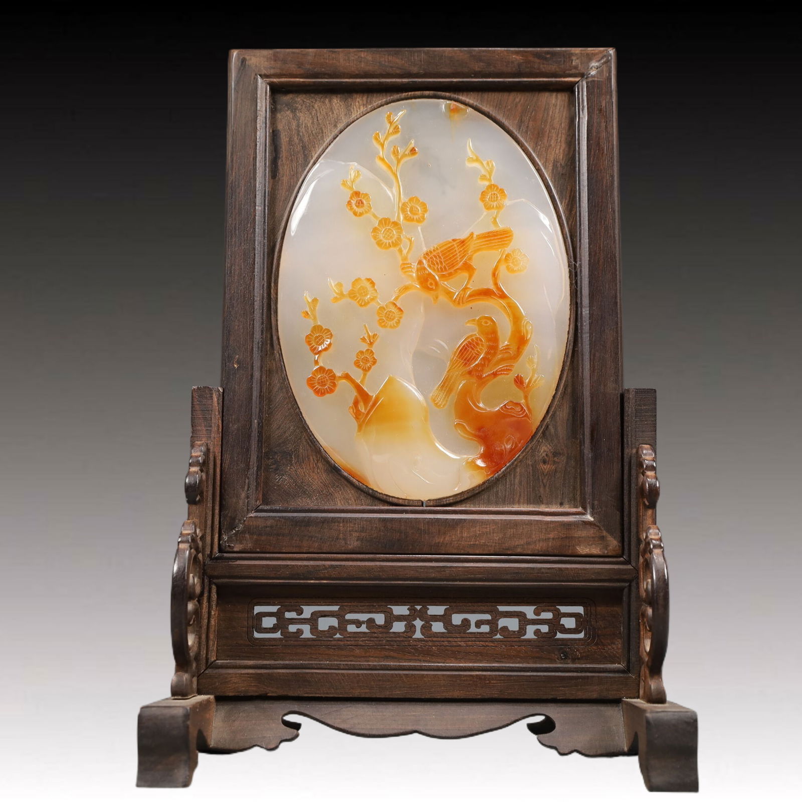 An Exquisite Agate Flower and Bird Pattern Screen,With Poem: An Exquisite Agate Flower and Bird Pattern Screen,With Poem,Qing Dynasty, China,Size:5.9inx3.5inx9.1in Weight:650g 玛瑙花鸟纹屏风,带诗文,