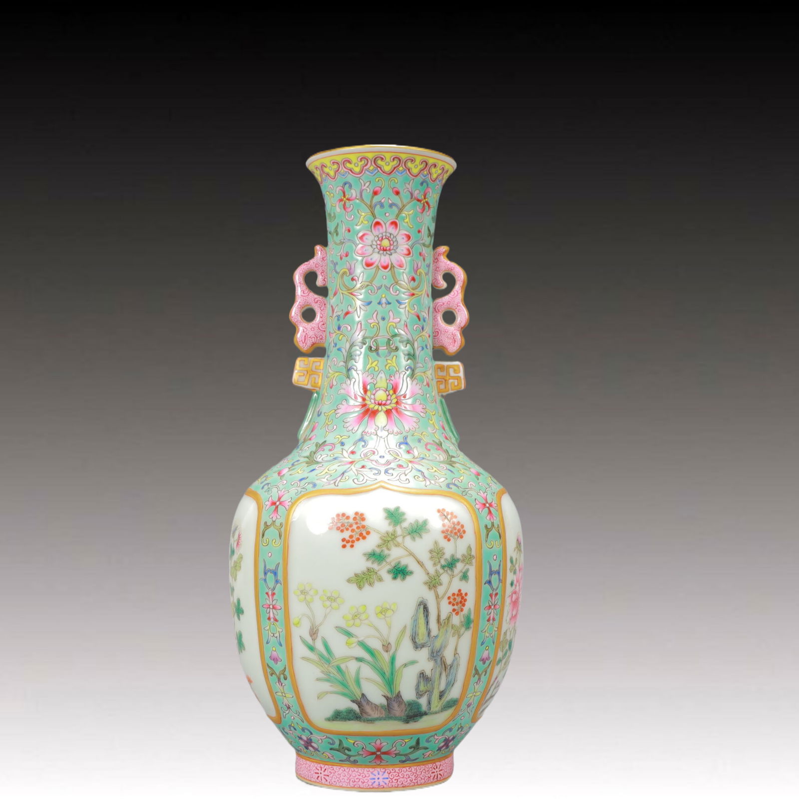 An Exquisite Green Ground Famille-Rose Flower Pattern Double-Ears Vase (1 of 10)