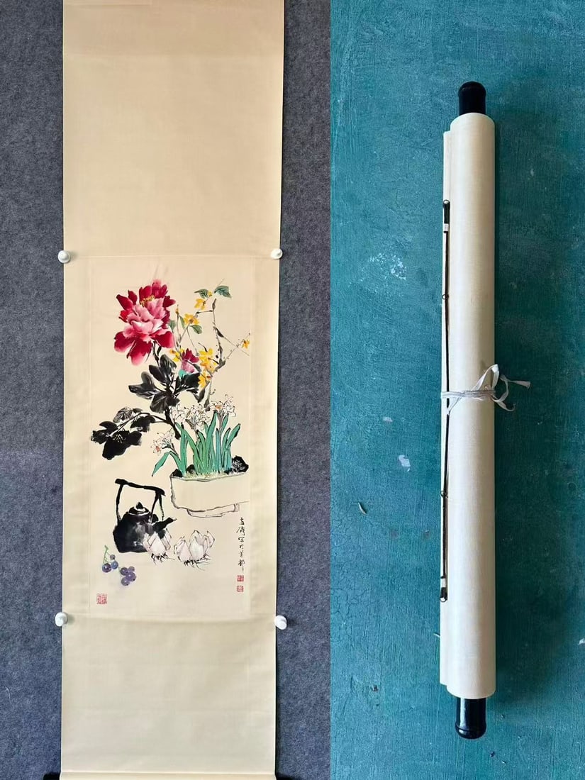 A Chinese Vertical Scroll Ink Painting of Flower on Paper,Wang Xuetao: A Chinese Vertical Scroll Ink Painting of Flower on Paper,Wang Xuetao,Size:(Without frame):17.3inx38.6in 