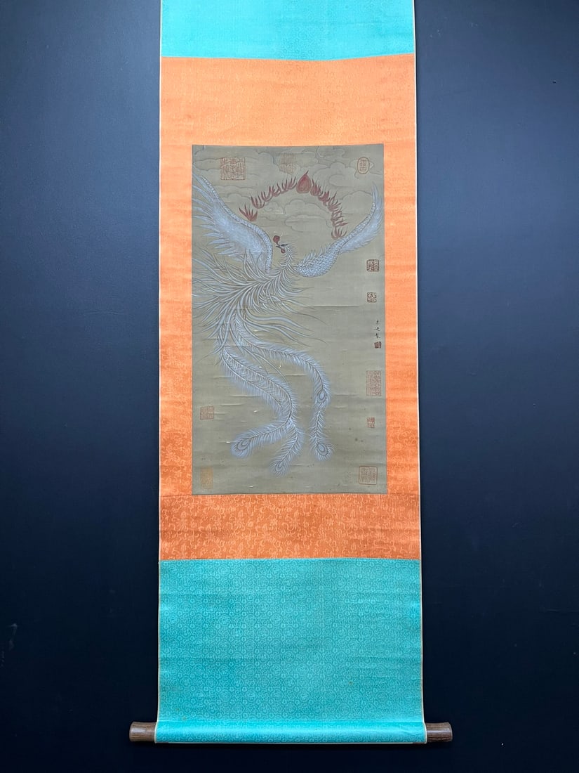 A Chinese Vertical Scroll Ink Painting of Phoenix on Silk,Li Di: A Chinese Vertical Scroll Ink Painting of Phoenix on Silk,Li Di,Size:14.2inx26in 