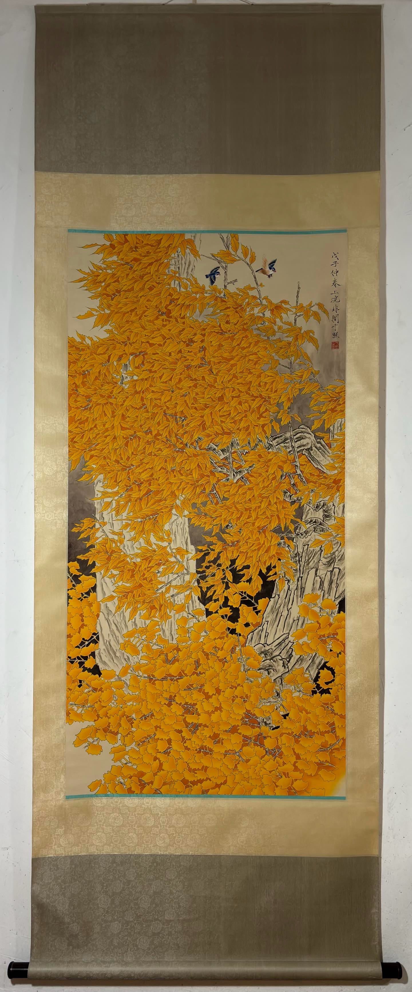 A Chinese Vertical Scroll Ink Painting of Flower and Bird on Paper,Yu Feian: A Chinese Vertical Scroll Ink Painting of Flower and Bird on Paper,Yu Feian,Size:(Without frame)51.2inx25.4in 一幅中国水墨花鸟画立轴,&