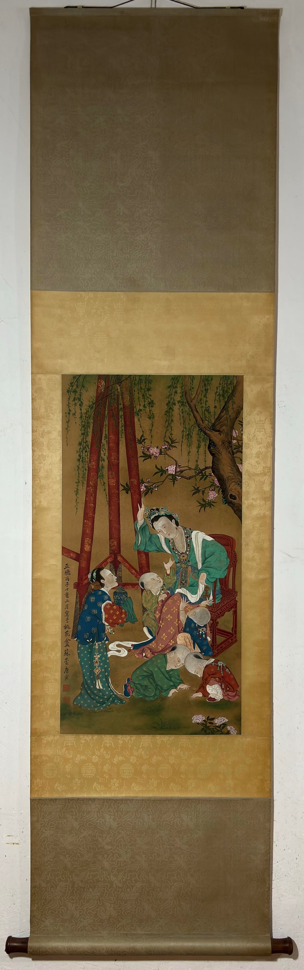 A Chinese Vertical Scroll Ink Painting of Character and Story on Silk,Tang Yin: A Chinese Vertical Scroll Ink Painting of Character and Story on Silk,Tang Yin,Size:(Without frame)31.3inx15.7in 一幅中国水墨绢本人物故