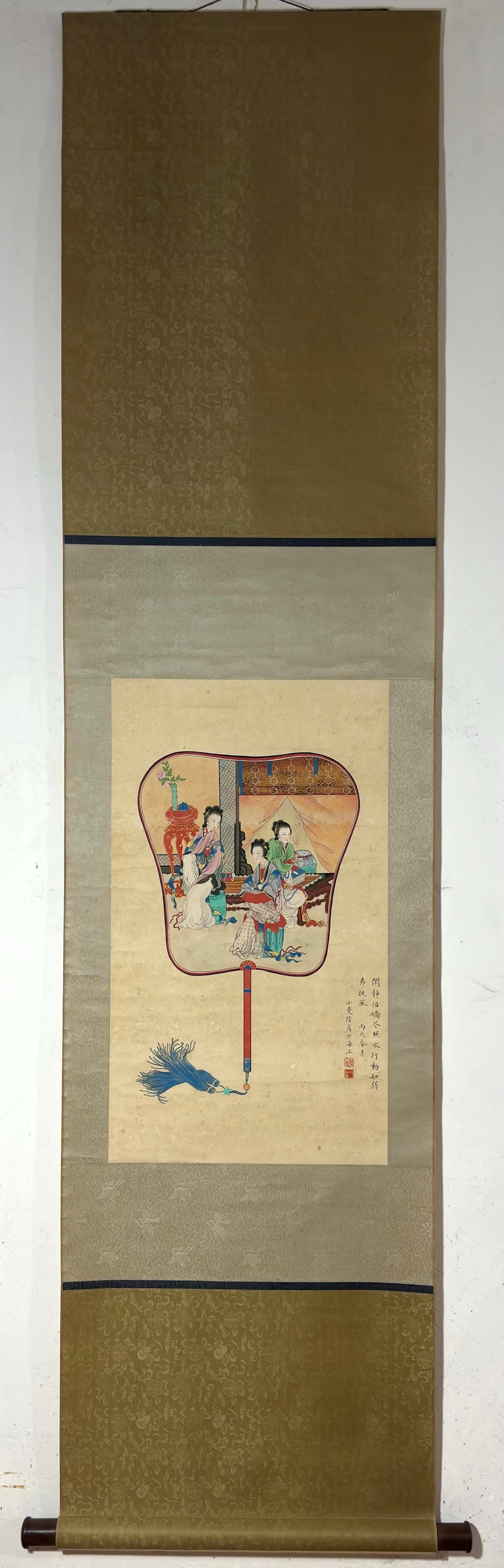 A Chinese Vertical Scroll Ink Painting of Woman on Paper,Lu Xiaoman: A Chinese Vertical Scroll Ink Painting of Woman on Paper,Lu Xiaoman,Size:(Without frame)24.6inx14.2in 一幅中国水墨仕女图立轴,陆&