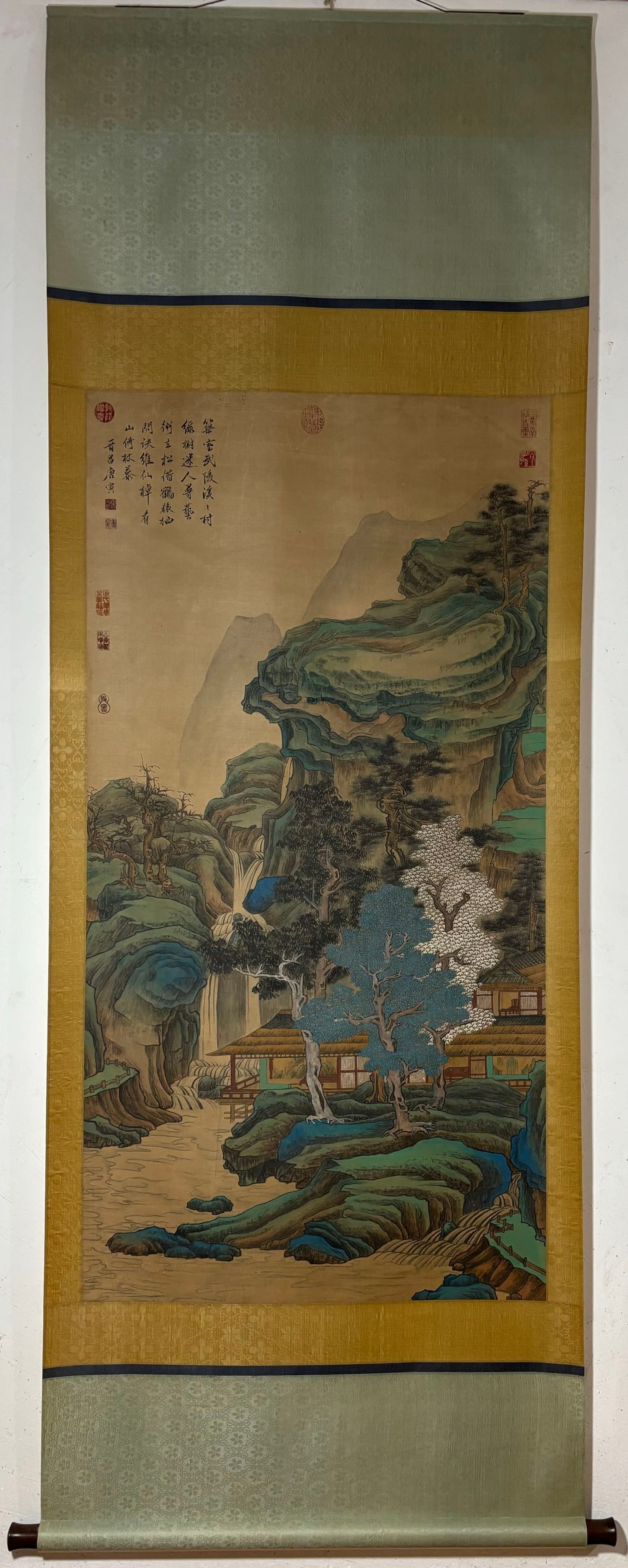 A Chinese Vertical Scroll Ink Painting of Landscape on Silk,Tang Yin: A Chinese Vertical Scroll Ink Painting of Landscape on Silk,Tang Yin,Size:(Without frame)52.4inx26.8in 一幅中国水墨绢本山水画立&