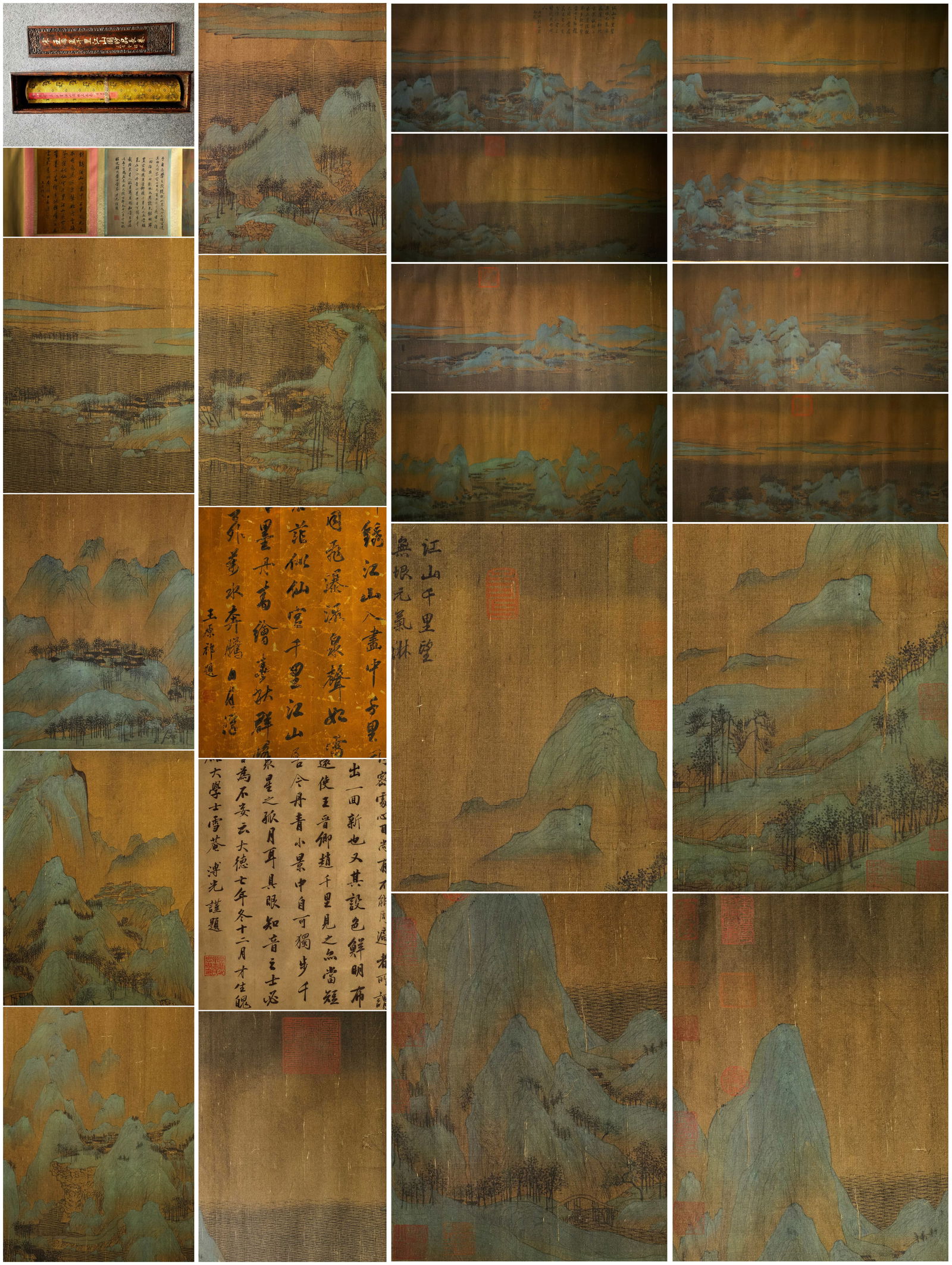 A Chinese Hand Scroll Ink Painting of Landscape on Silk,Wang Ximeng: A Chinese Hand Scroll Ink Painting of Landscape on Silk,Wang Ximeng,Size:(entirety)669.3inx22in 一幅中国水墨绢本山水画手卷