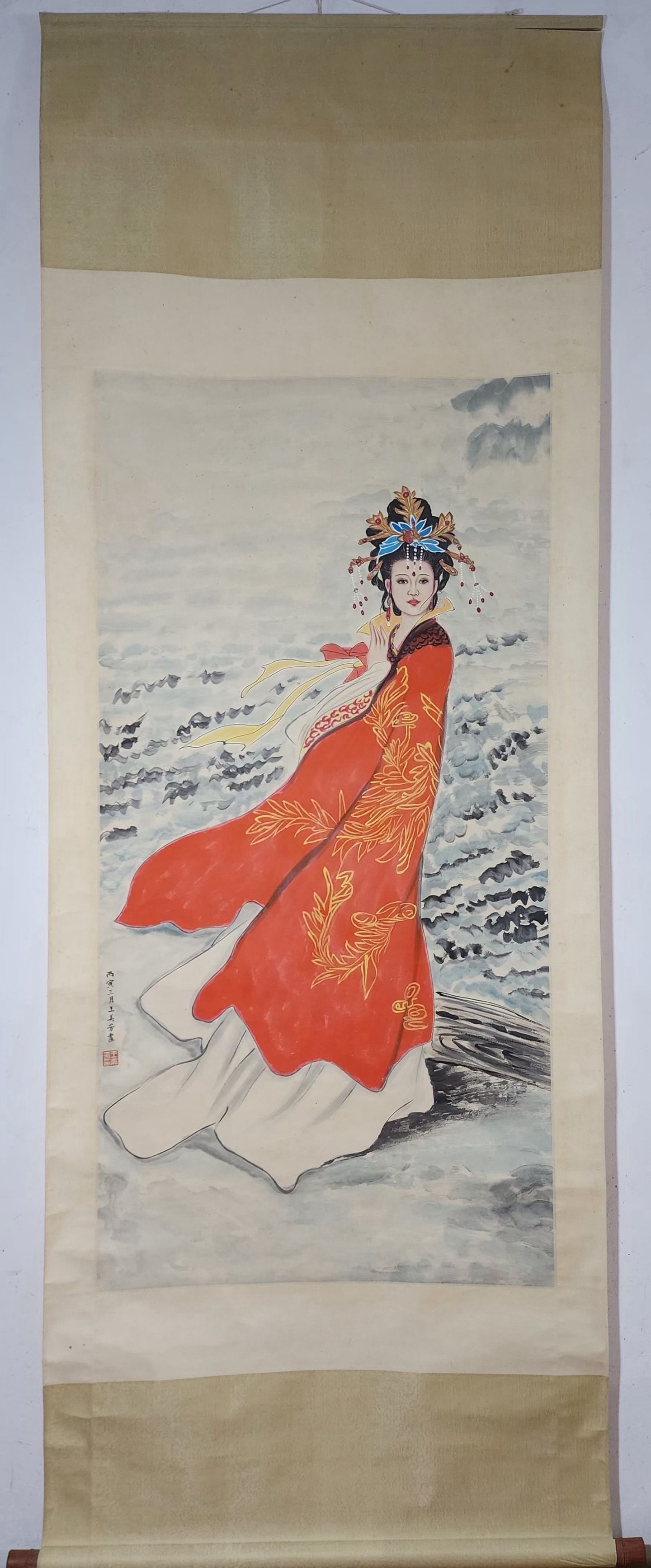 A Chinese Vertical Scroll Ink Painting of Woman on Paper,Wang Meifang: A Chinese Vertical Scroll Ink Painting of Woman on Paper,Wang Meifang,Size:(Without frame)53.1inx26.8in 一幅中国水墨仕女图立轴,王