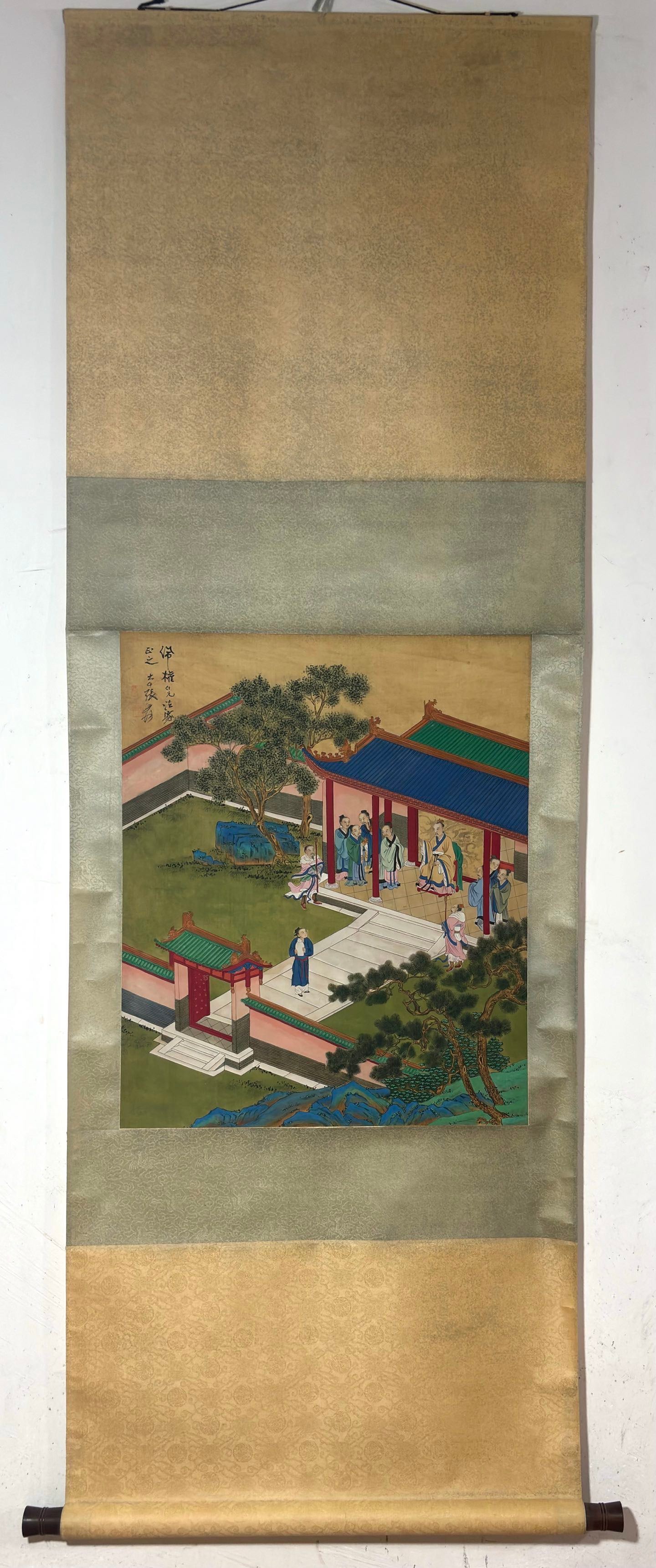 A Chinese Vertical Scroll Ink Painting of Character and Story on Silk,Zhang Daqian: A Chinese Vertical Scroll Ink Painting of Character and Story on Silk,Zhang Daqian,Size:(Without frame)25.2inx20.9in 一幅中国水墨绢本人物