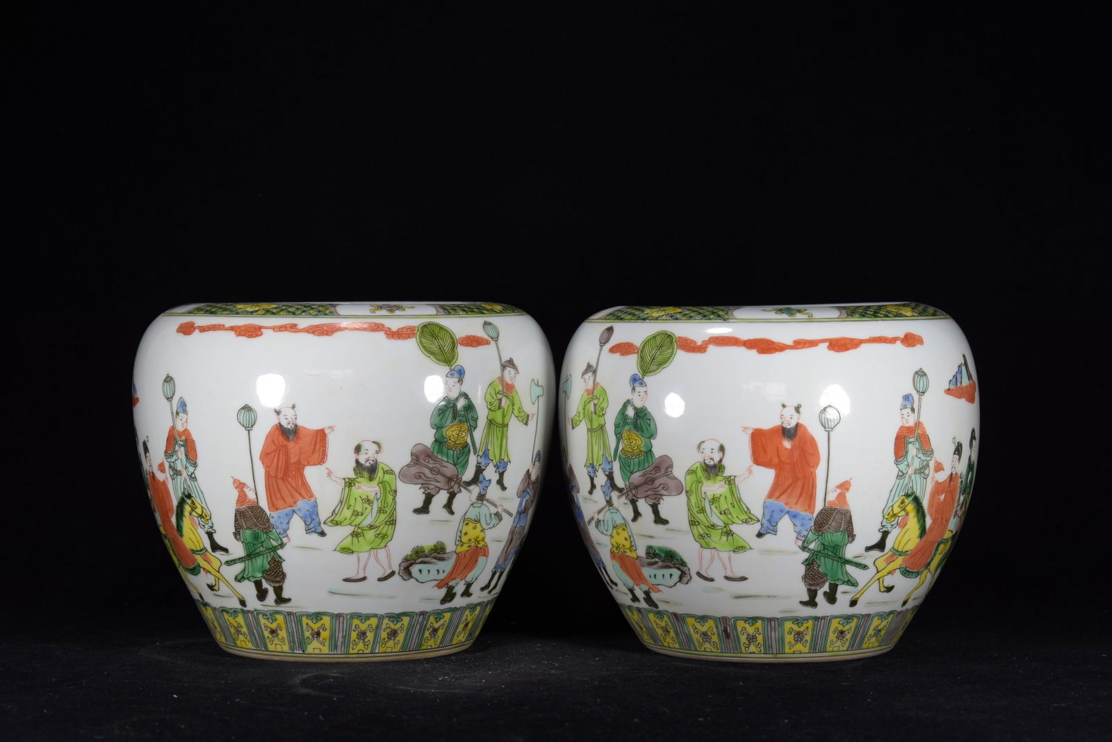 A Pair of Exquisite Wucai Character and Story Pattern Jars (1 of 9)