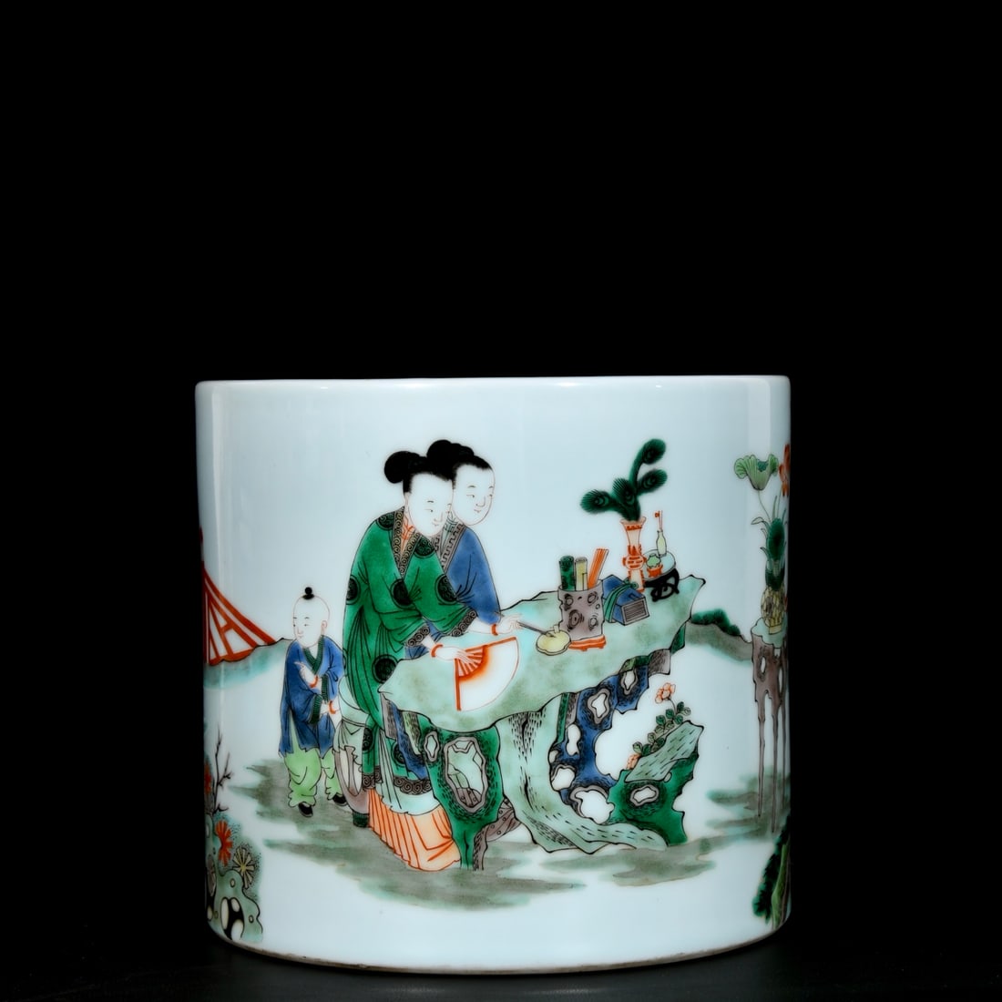 An Exquisite Wucai Character and Story Pattern Brush Pot: An Exquisite Wucai Character and Story Pattern Brush Pot,Qing Dynasty, China,Kangxi Six-character Mark,Size:7.7inx8.5in 