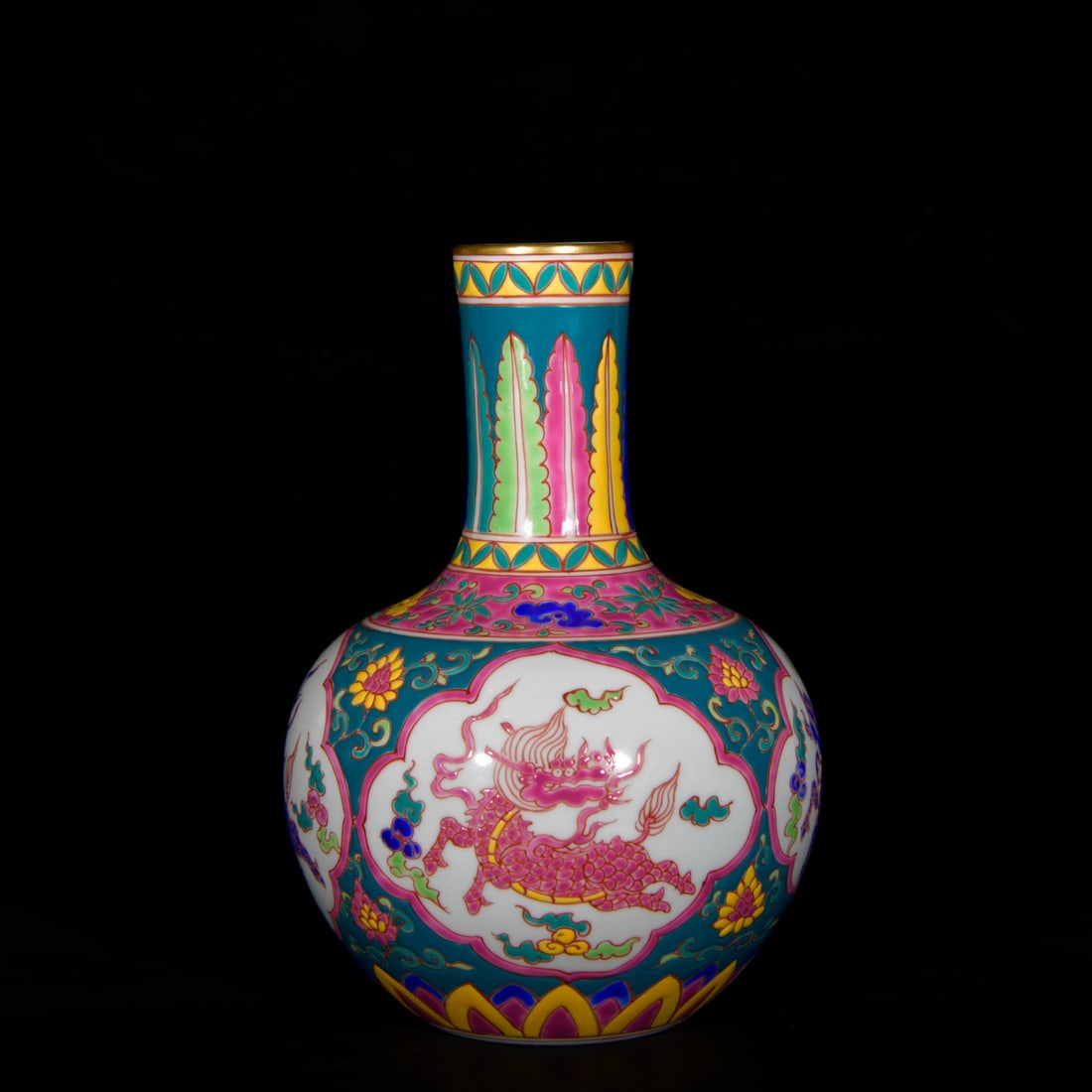 An Exquisite Wucai Painted Gold Lotus,Auspicious Cloud and Kylin Pattern Vase: An Exquisite Wucai Painted Gold Lotus,Auspicious Cloud and Kylin Pattern Vase,Ming Dynasty, China,Chenghua Six-character Mark,Size:7.9inx5.5in 