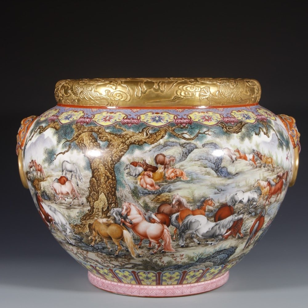 A Rare Enamel Painted Gold Landscape and Horse Pattern Double-Ears Vat: A Rare Enamel Painted Gold Landscape and Horse Pattern Double-Ears Vat, Qing Dynasty, China,Qianlong Four-character Mark,Size:12.6inx12.4inx8.7in 