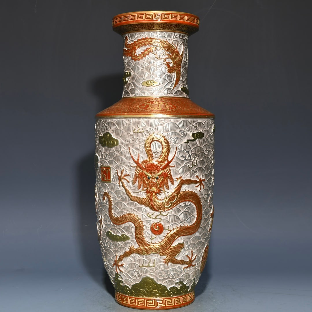 A Huge Iron-Red Glazed Painted Gold and Silver Seawater,Dragon and Phoenix Pattern Vase: A Huge Iron-Red Glazed Painted Gold and Silver Seawater,Dragon and Phoenix Pattern Vase,Qing Dynasty, China,Qianlong Six-character Mark,Size:15.7inx6.7in 