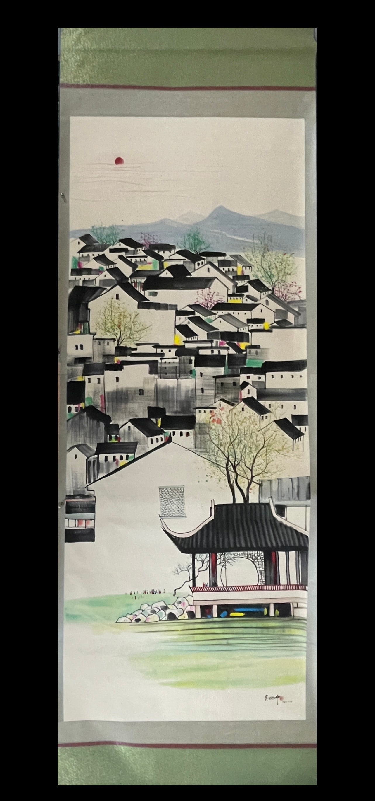 A Chinese Vertical Scroll Ink Painting of Landscape on Paper,Wu Guanzhong: A Chinese Vertical Scroll Ink Painting of Landscape on Paper,Wu Guanzhong,Size:55.1inx141.7in 
