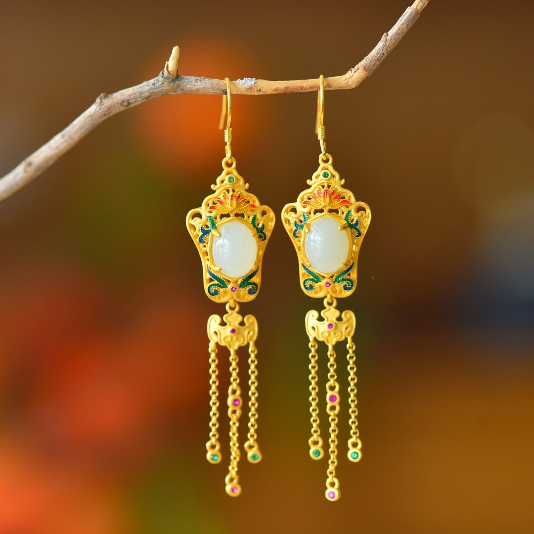 A Pair of Exquisite Sterling Silver-Gold Plated Inlaid White Jade Enamel Earrings: A Pair of Exquisite Sterling Silver-Gold Plated Inlaid White Jade Enamel Earrings 一对纯银镀金镶白玉珐琅耳环