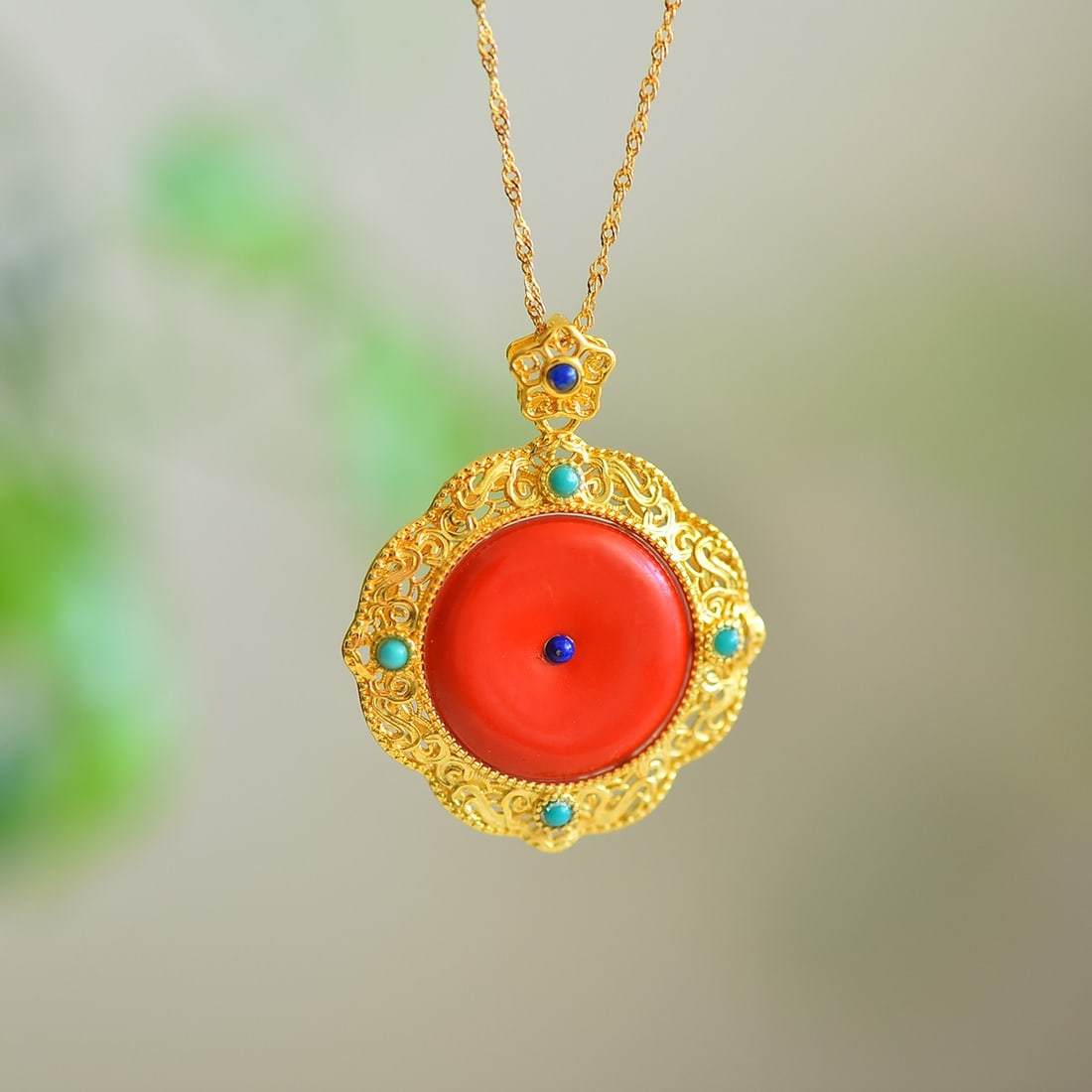 An Exquisite Sterling Silver-Gold Plated Inlaid Cinnabar Pendant,Inlaid Turquoise: An Exquisite Sterling Silver-Gold Plated Inlaid Cinnabar Pendant,Inlaid Turquoise,Size:20mmx20mm 寓意:平平安安 