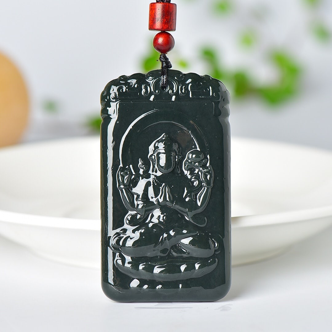 An Exquisite Sapphire Avalokitesvara Pattern Pendant: An Exquisite Sapphire Avalokitesvara Pattern Pendant,Size:38mmx68mm (寓意)寓意吉祥 玉脂温润 