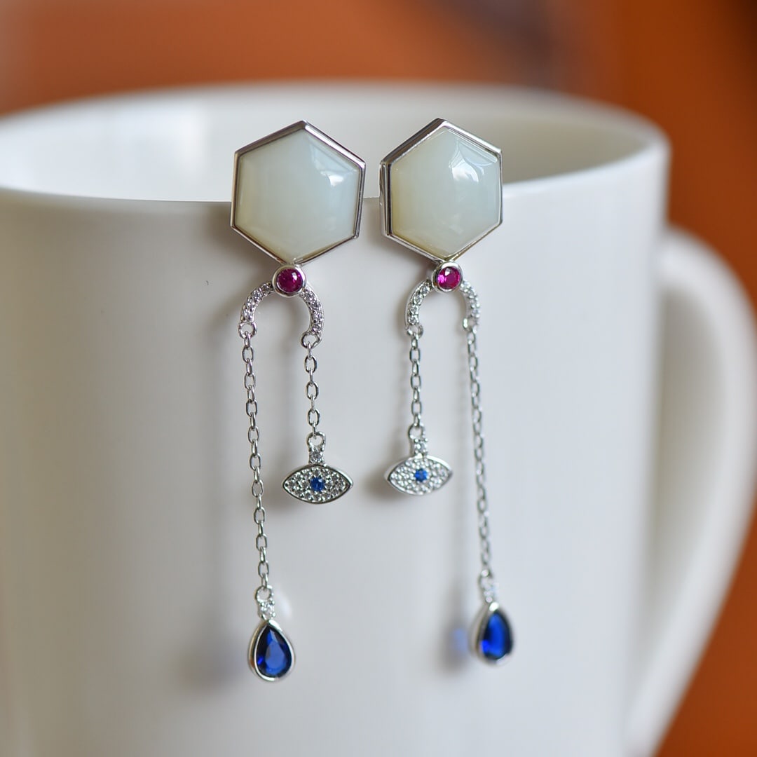 A Pair of Exquisite Sterling Silver Inlaid White Jade Earrings: A Pair of Exquisite Sterling Silver Inlaid White Jade Earrings, 一对纯银镶白玉耳环