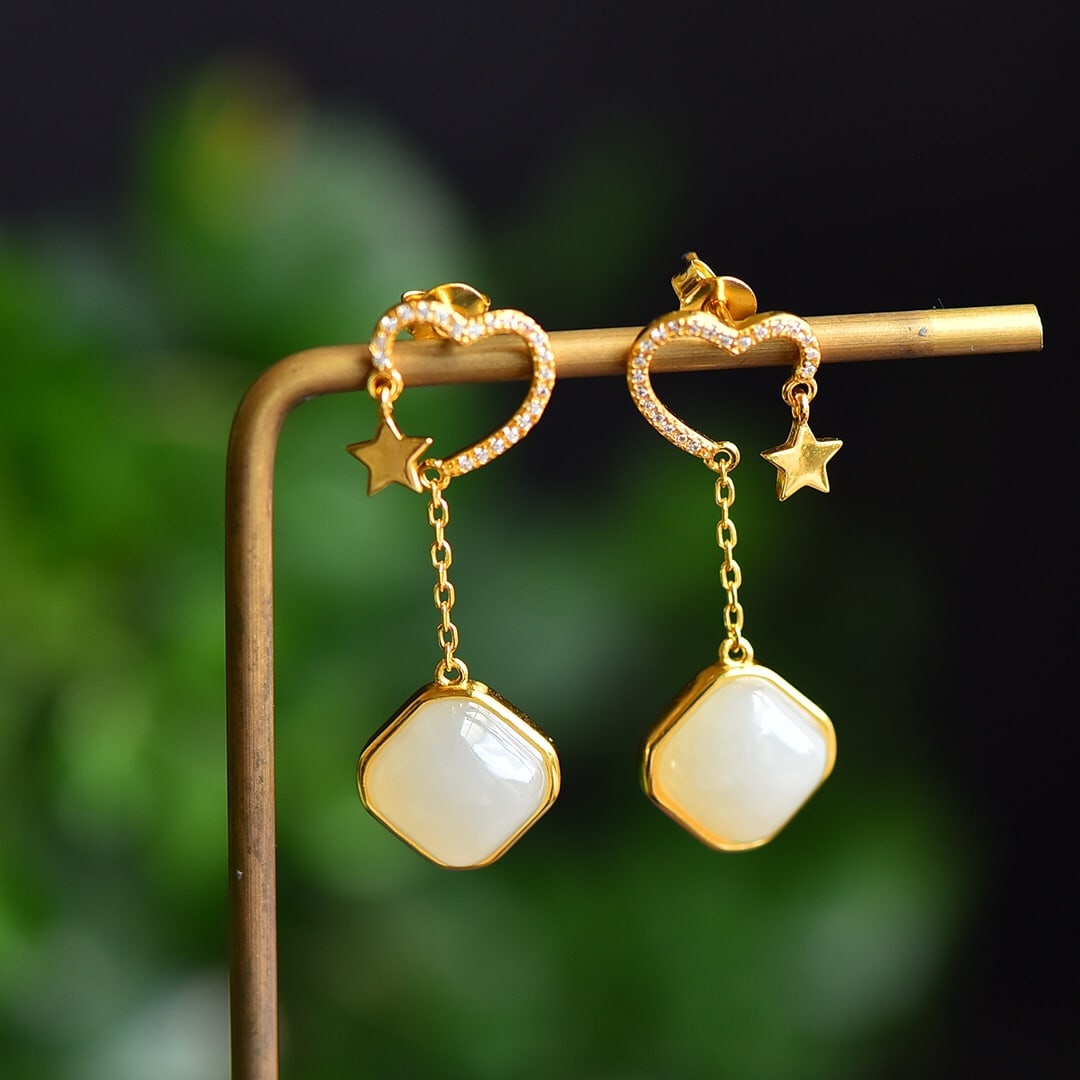 A Pair of Exquisite Sterling Silver-Gold Plated Inlaid White Jade Earrings: A Pair of Exquisite Sterling Silver-Gold Plated Inlaid White Jade Earrings, 一对纯银镀金镶白玉耳环