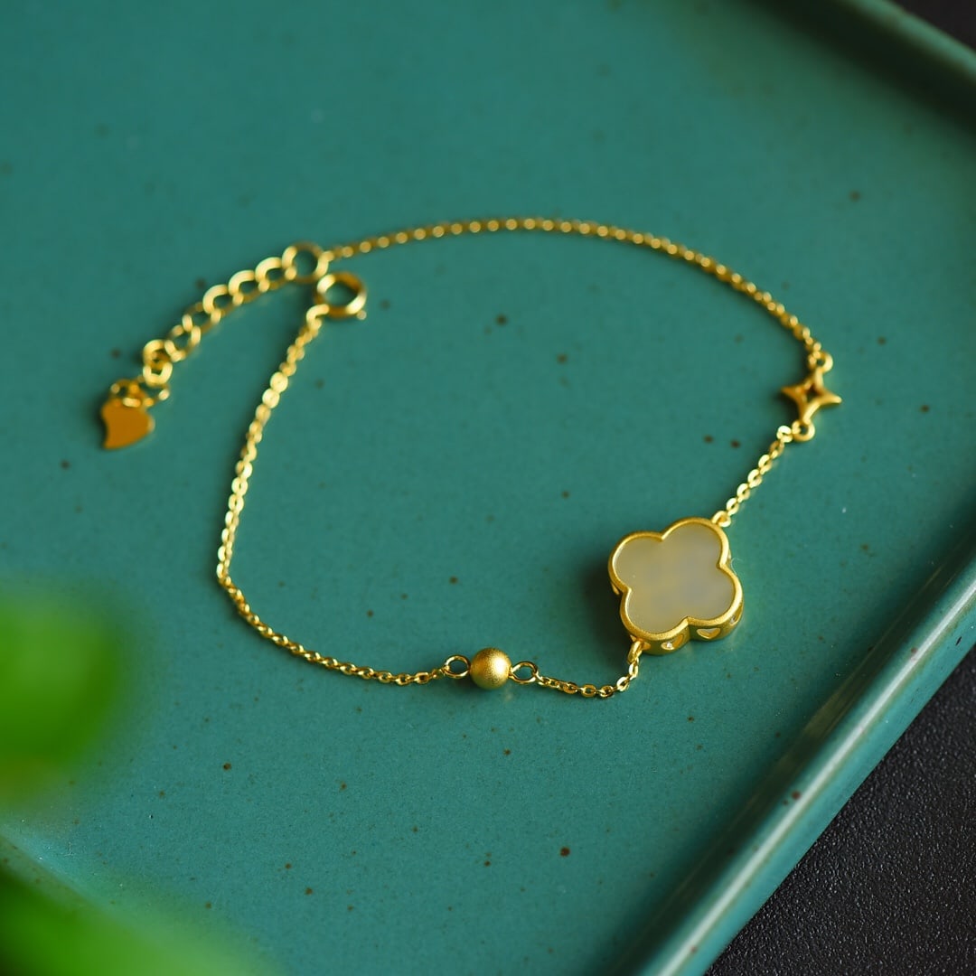 An Exquisite Sterling Silver-Gold Plated Inlaid White Jade Bracelet (1 of 5)