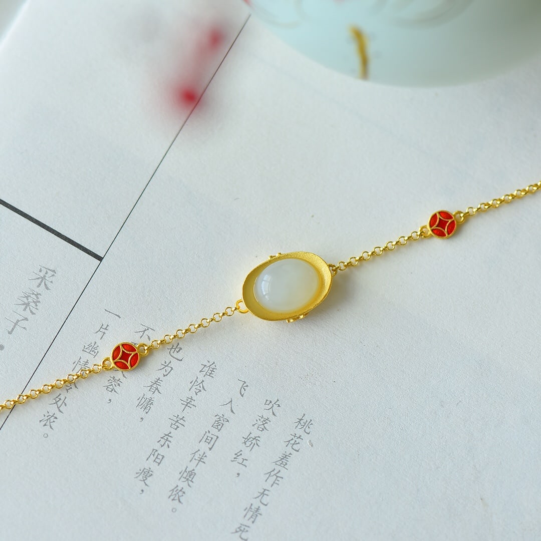 An Exquisite Sterling Silver-Gold Plated Inlaid White Jade Bracelet: An Exquisite Sterling Silver-Gold Plated Inlaid White Jade Bracelet 纯银镀金镶白玉手链