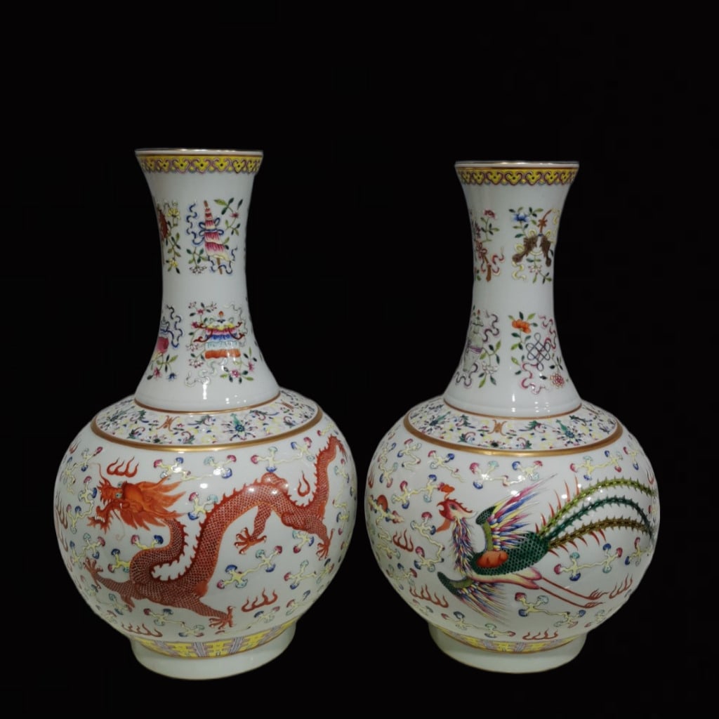 A Pair of Huge Famille-Rose Dragon and Phoenix Pattern Vases: A Pair of Huge Famille-Rose Dragon and Phoenix Pattern Vases,Qing Dynasty,China,Guangxu Six-Character Mark,Size:16inx3.9in 