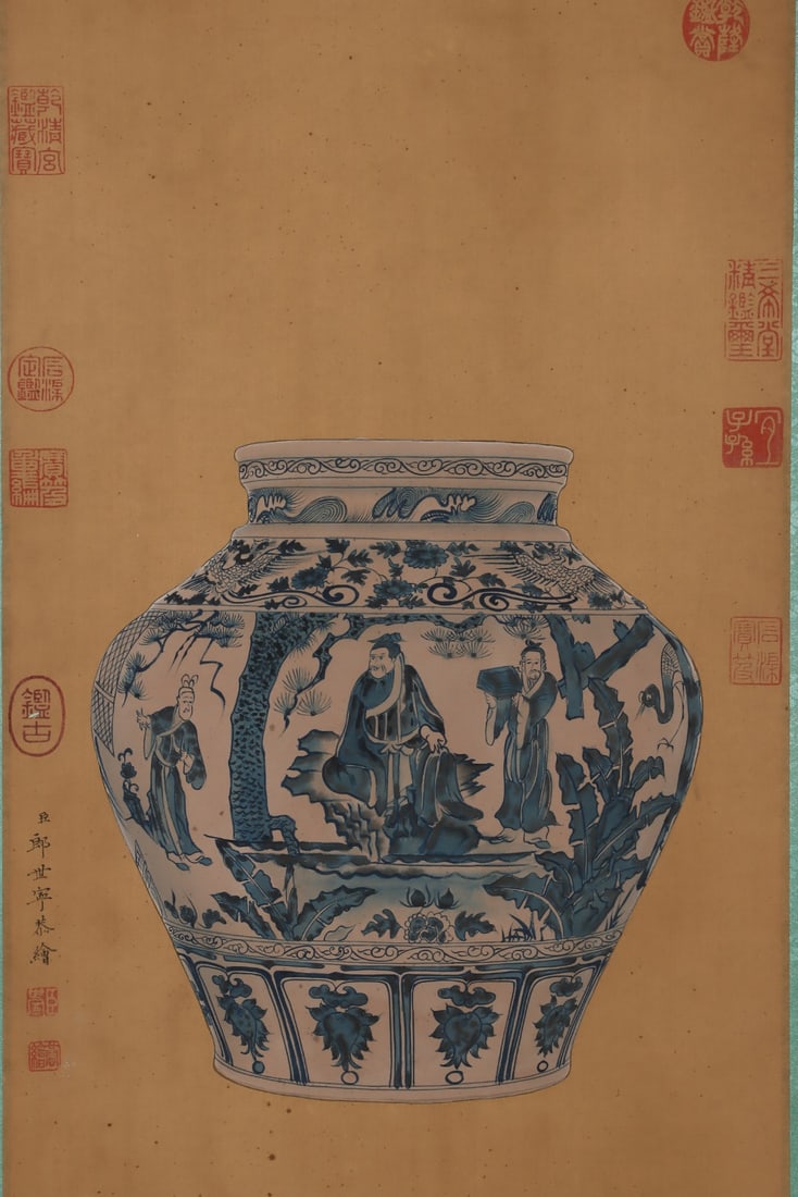 A Rare Blue and White Figure and Story Pattern Jar,with Chinese Vertical Scroll Ink Painting on Silk - 7