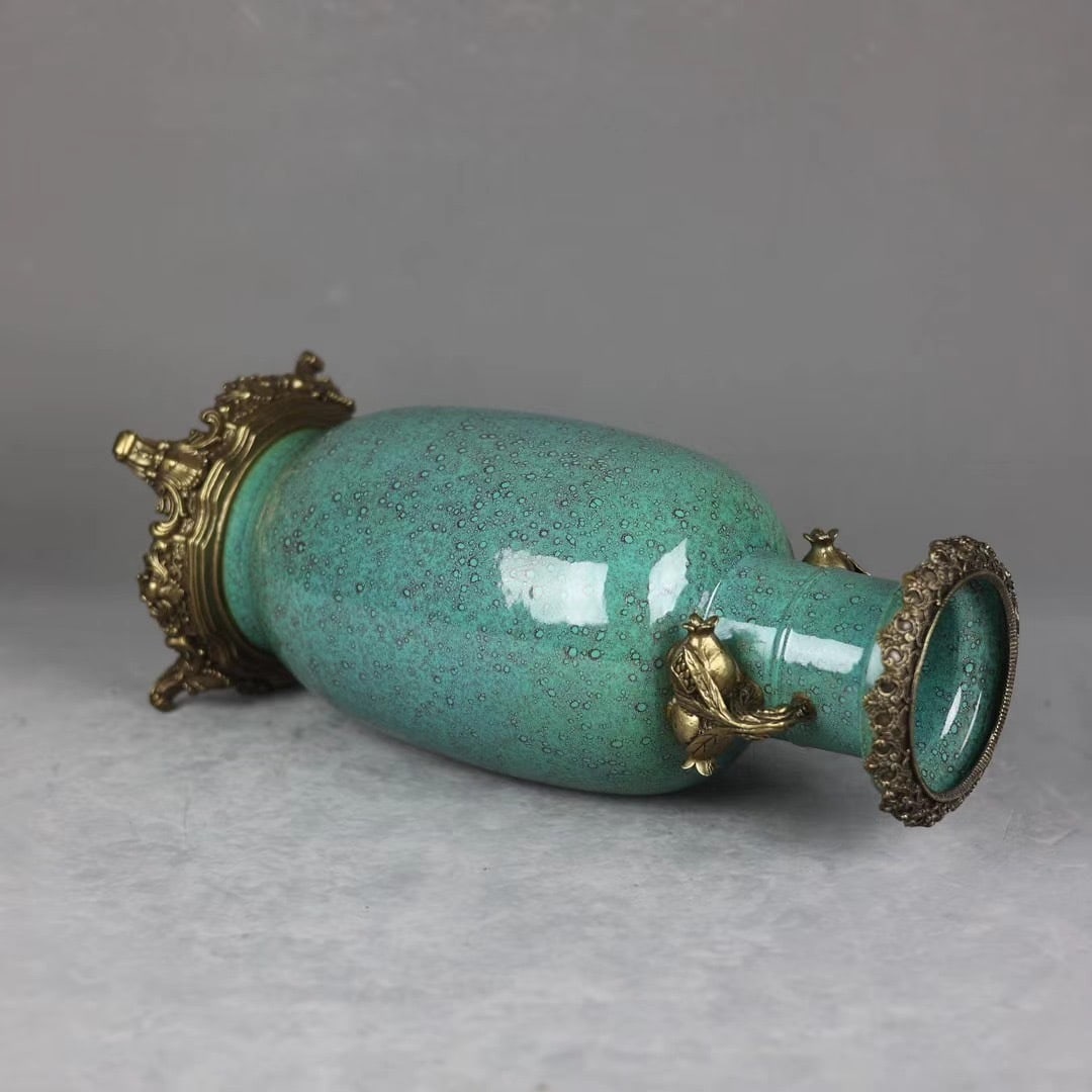 A Huge Robin's-Egg-Glazed Inlaid Bronze Double-Ears Vase - 7