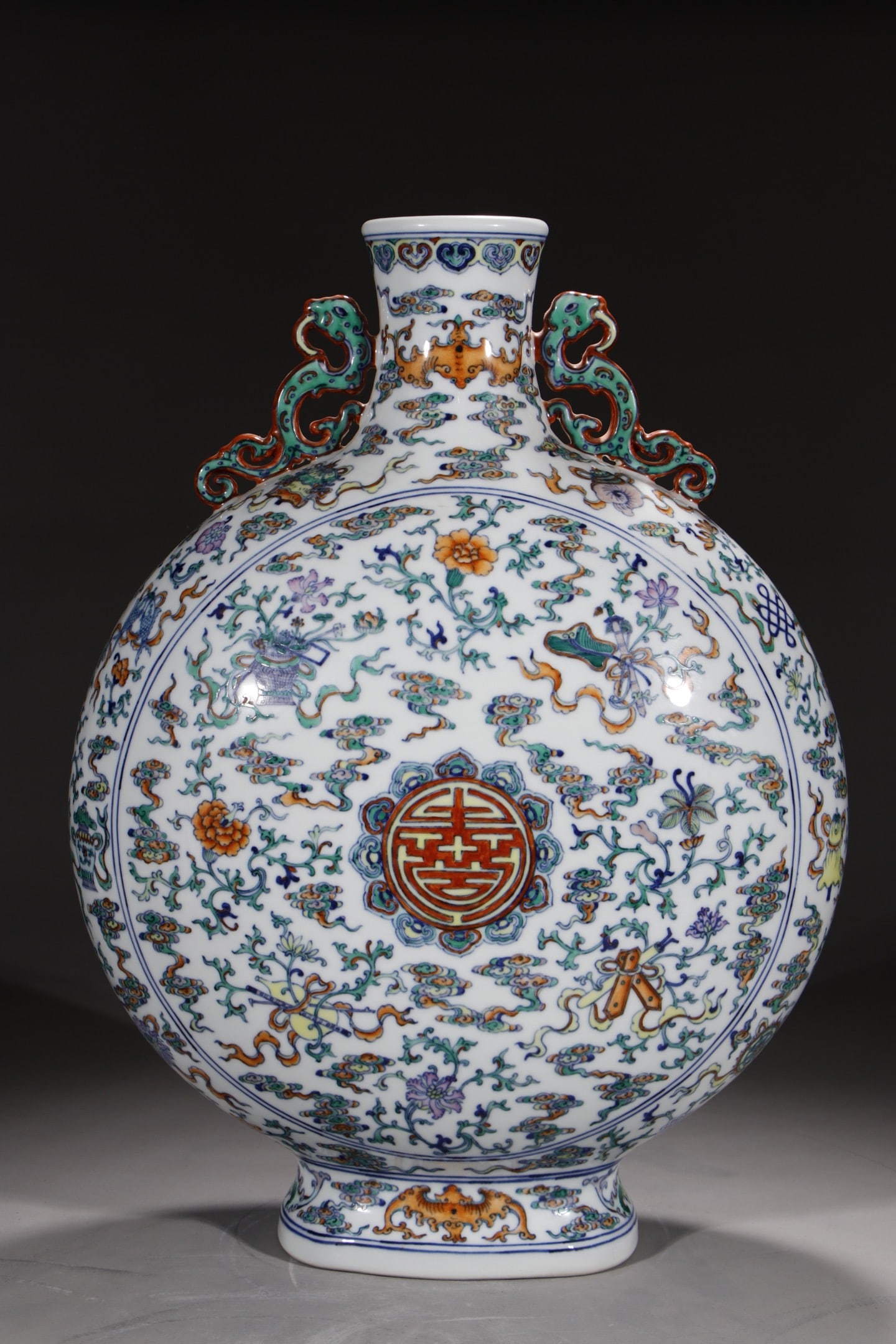 An Exquisite Doucai Painted Gold Eight Treasures Pattern Double-Ears Vase: An Exquisite Doucai Painted Gold Eight Treasures Pattern Double-Ears Vase,Qing Dynasty,China,Qianlong Six-character Mark,Size:20.7in 