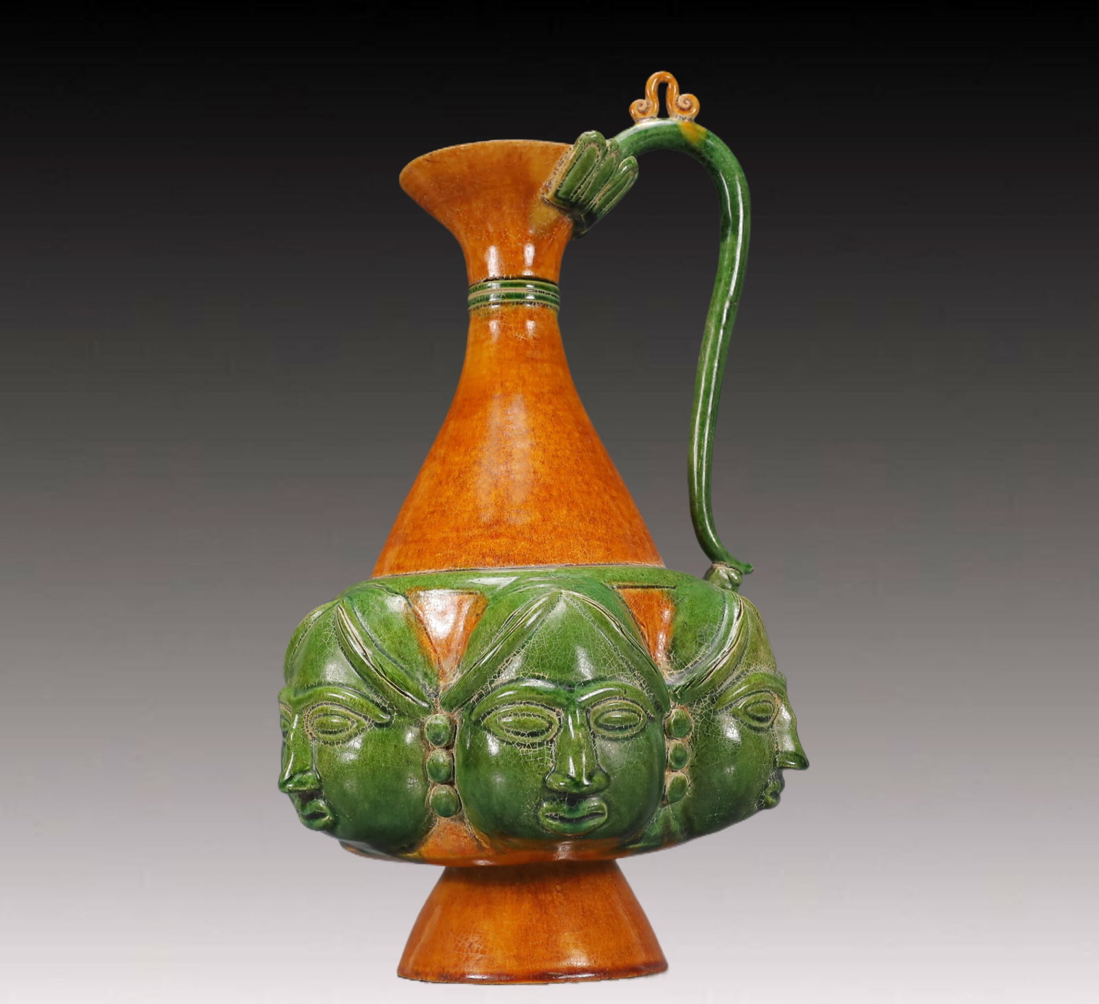 A Huge Tang Tri-Color Glazed Pottery Figure Pattern Ewer - 6