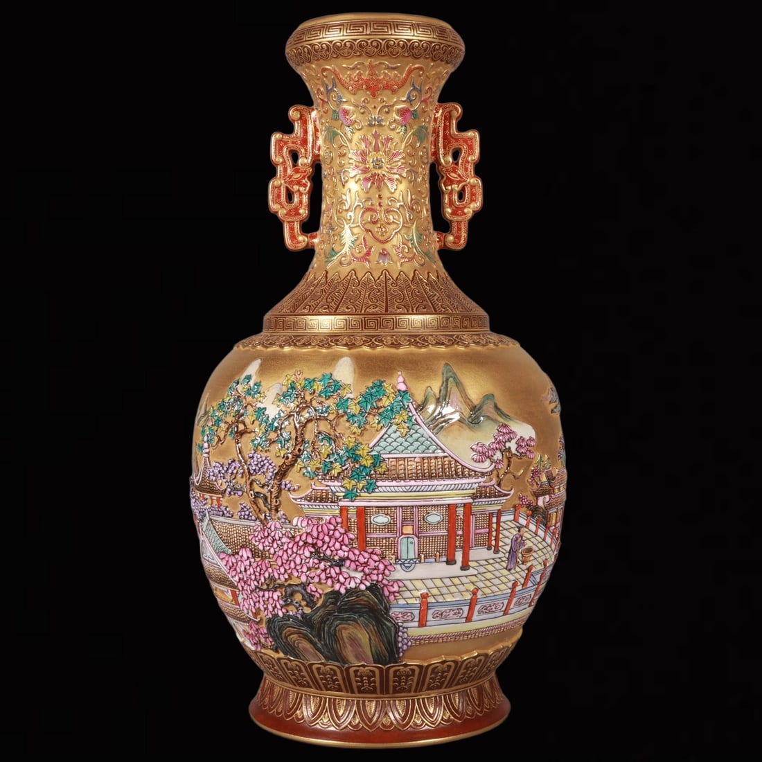 A Rare Enamel Gold Ground Landscape and Figure Pattern Double-Ears Vase: A Rare Enamel Gold Ground Landscape and Figure Pattern Double-Ears Vase,Qing Dynasty, China,Qianlong Six-character Mark,Size:12.6inx11in 