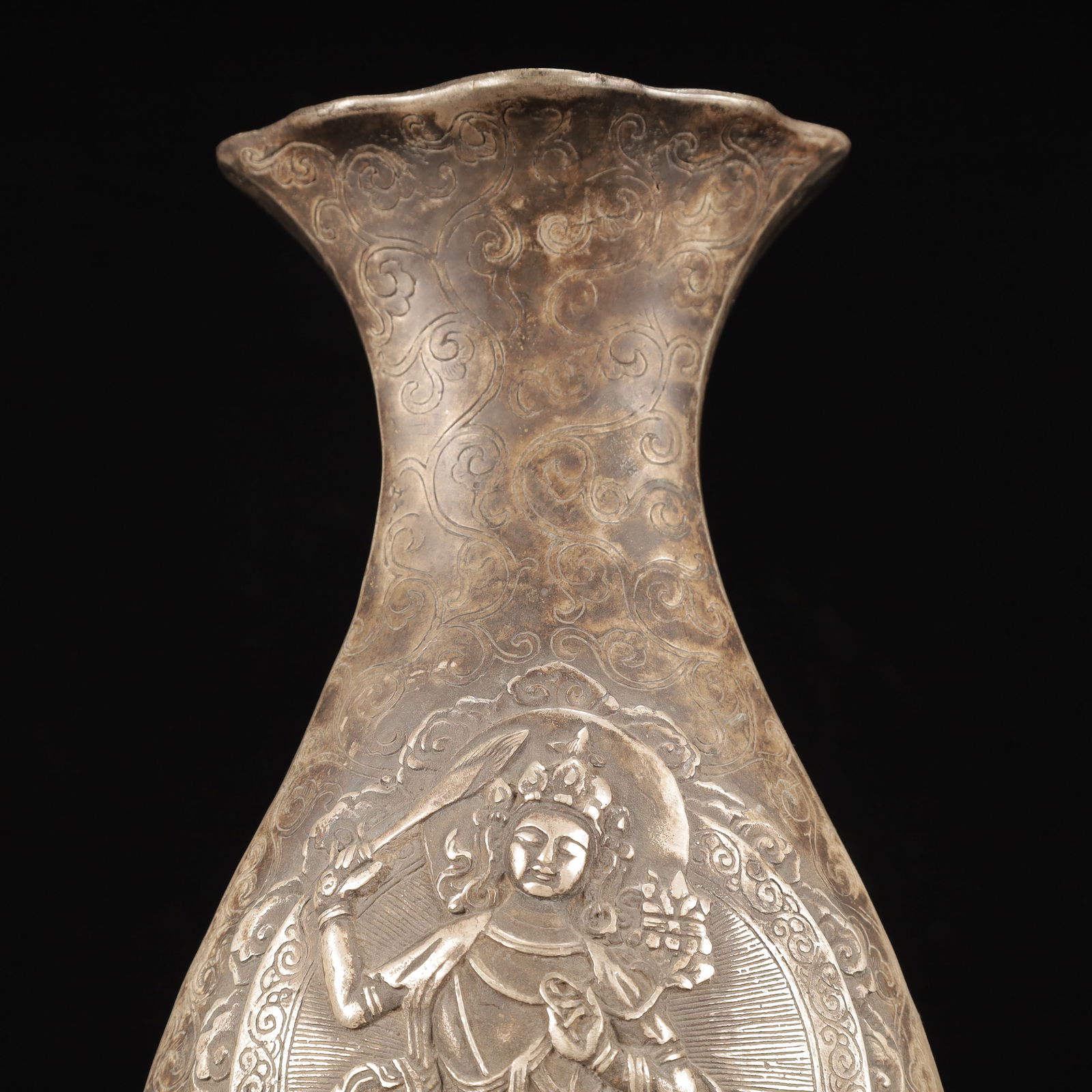 A Rare Silver-plated Copper Buddha Statue Pattern Vase - 2