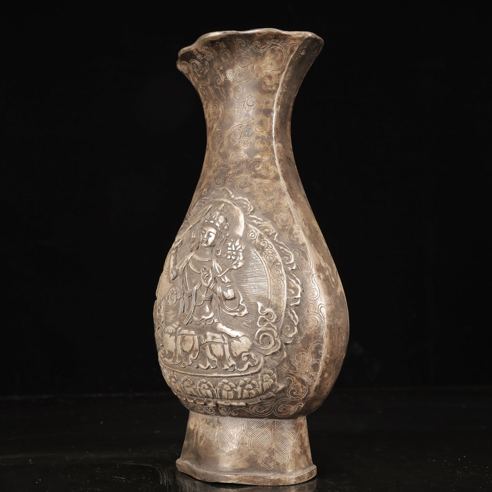 A Rare Silver-plated Copper Buddha Statue Pattern Vase - 4