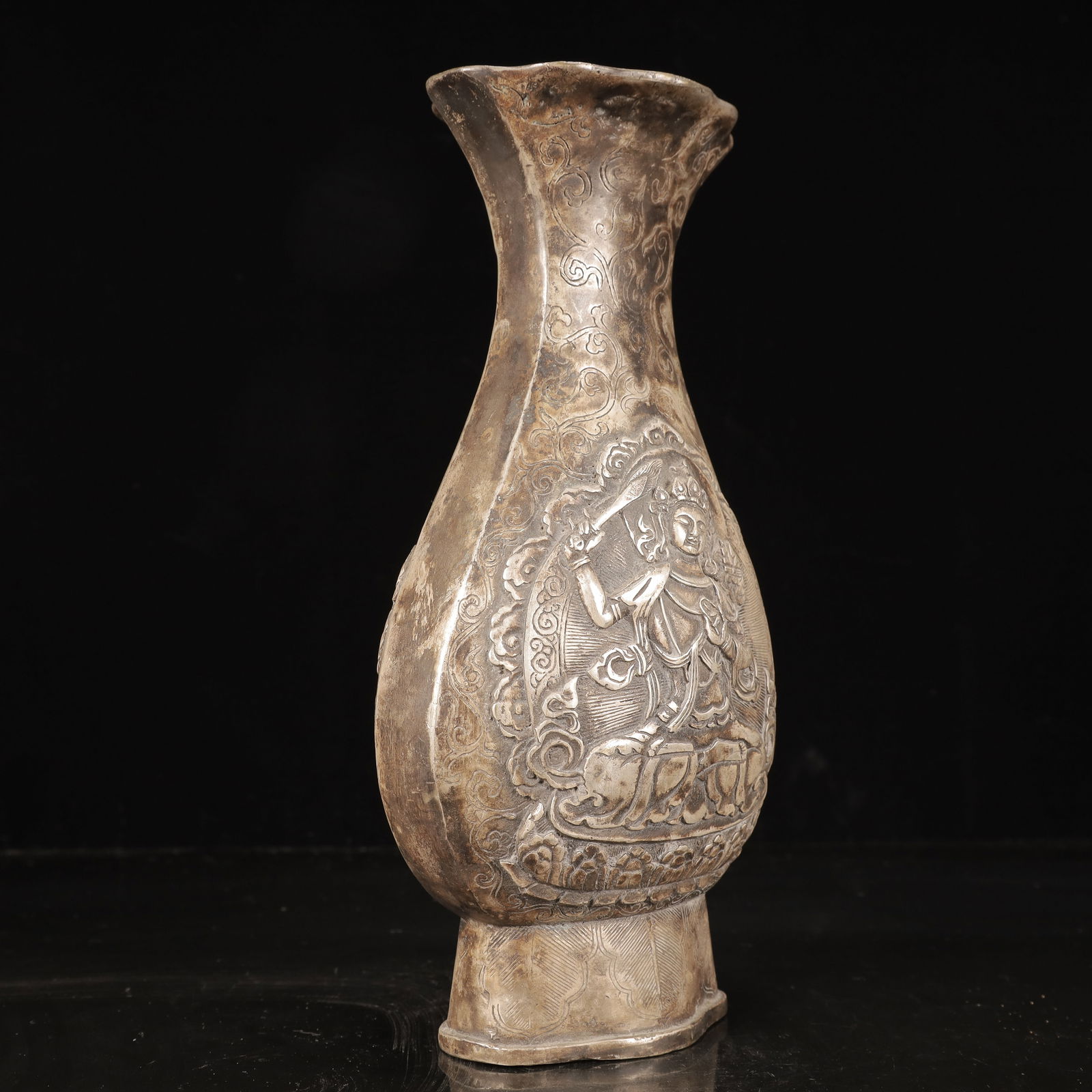 A Rare Silver-plated Copper Buddha Statue Pattern Vase - 6
