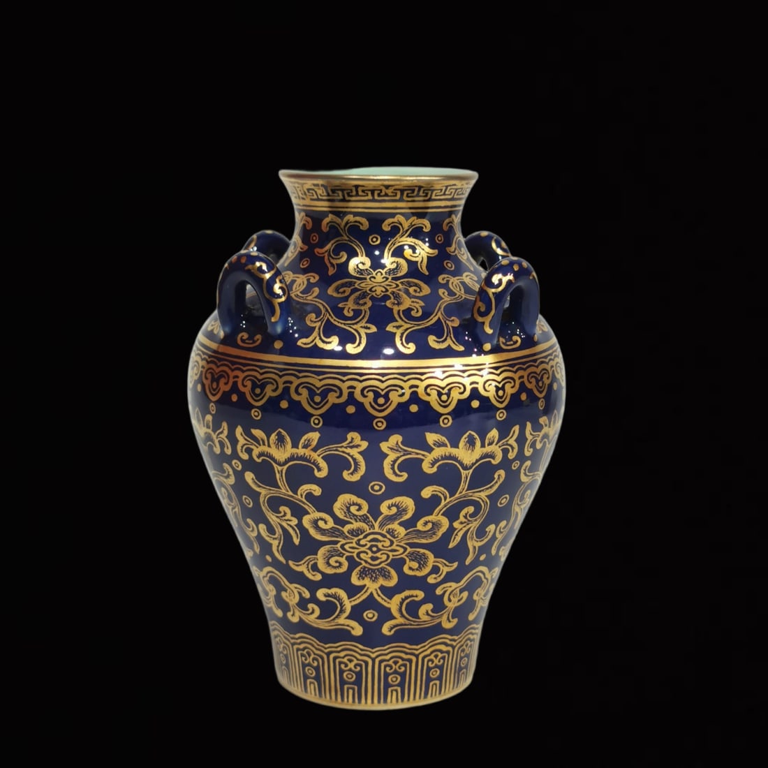 An Exquisite Ji Blue Glazed Painted Gold Lotus Pattern Double-Ears Jar (1 of 9)