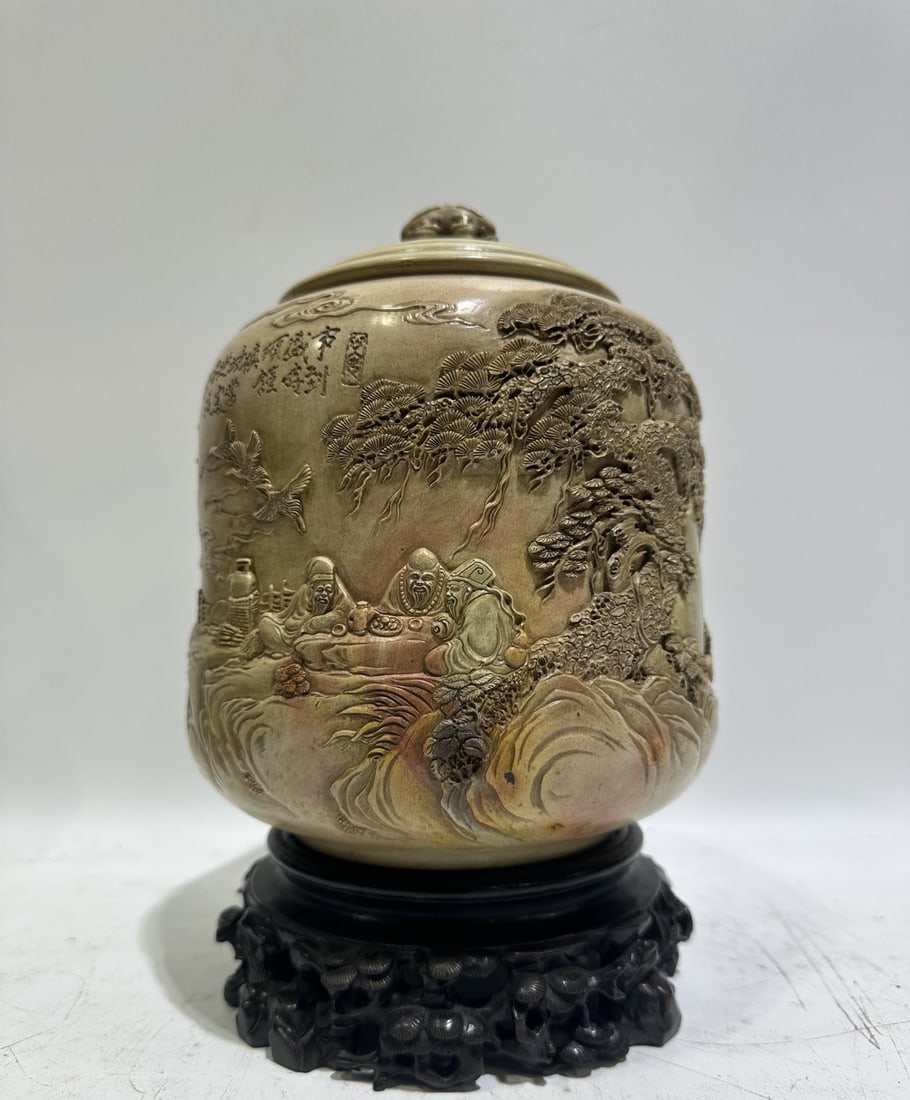 An Exquisite Shoushan Stone Landscape and Figure Pattern Cover Jar,With Zitanwood Base,With Poem (1 of 10)