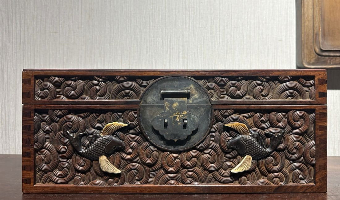 A Rare Huanghuali wood Fish Pattern Box: A Rare Huanghuali wood Fish Pattern Box,Qing Dynasty, China,Size:14.6inx7.1inx5.9in 黄花梨木鱼纹盒子,中国清代