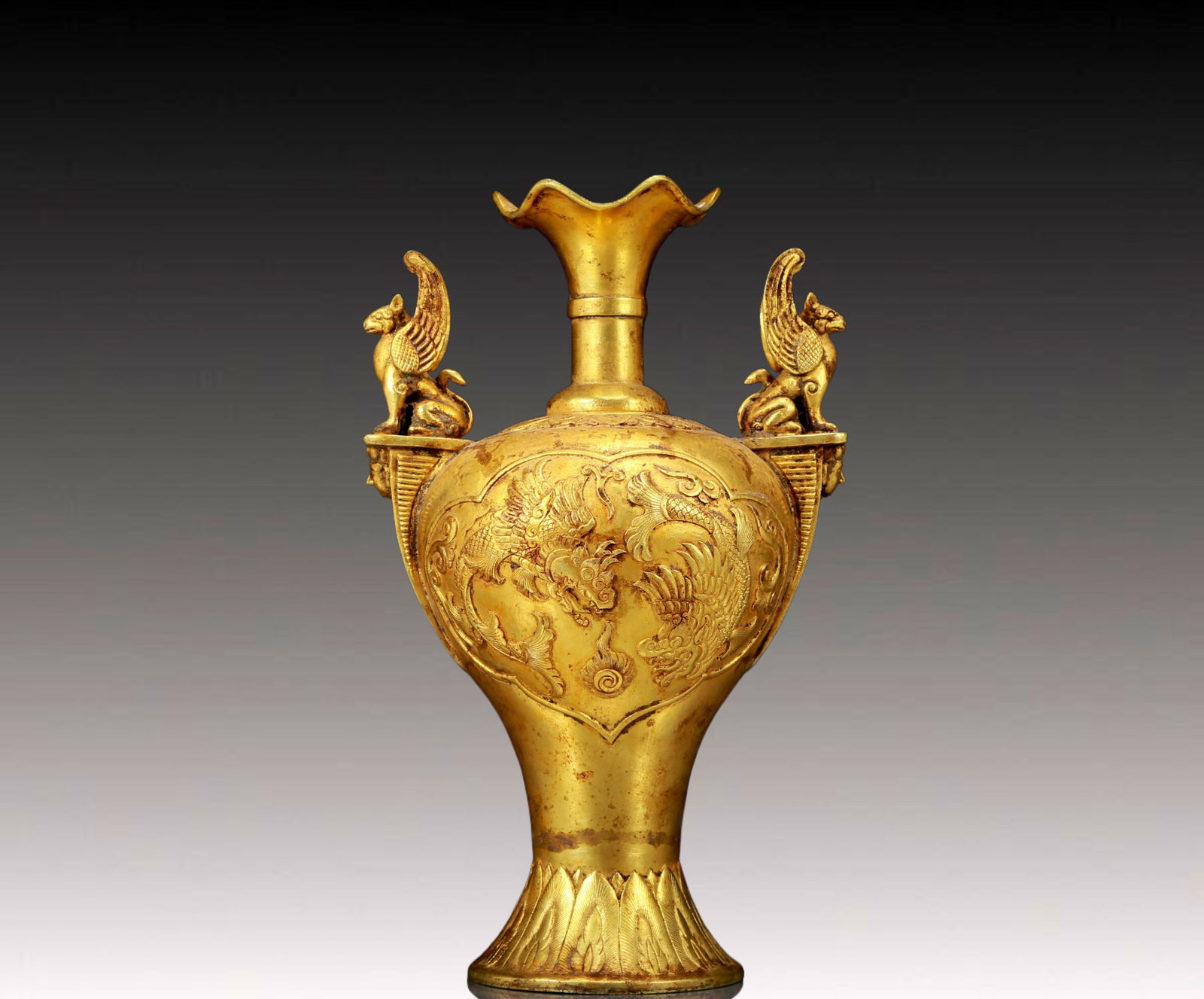 An Exquisite Gilt Bronze Dragon Pattern Beast-Ears Vase (1 of 9)