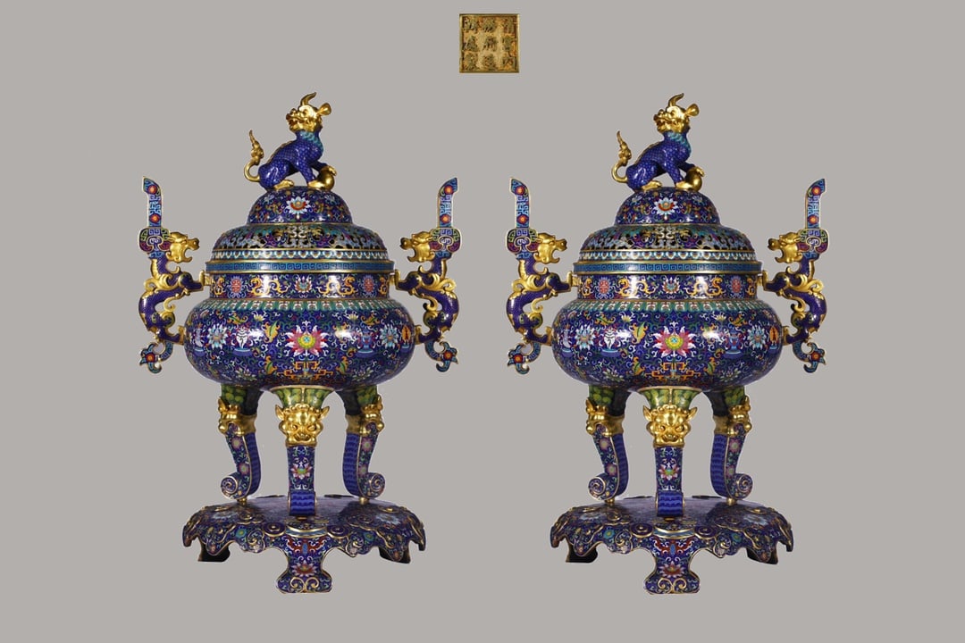 A Pair of Huge Cloisonne Enamel Lotus Pattern Dragon-Ears and Beast Legs Censers: A Pair of Huge Cloisonne Enamel Lotus Pattern Dragon-Ears and Beast Legs Censers ,Qing Dynasty, China,Size:35.4inx23.6in*2,Weight:42kg*2 一对景泰蓝珐琅彩