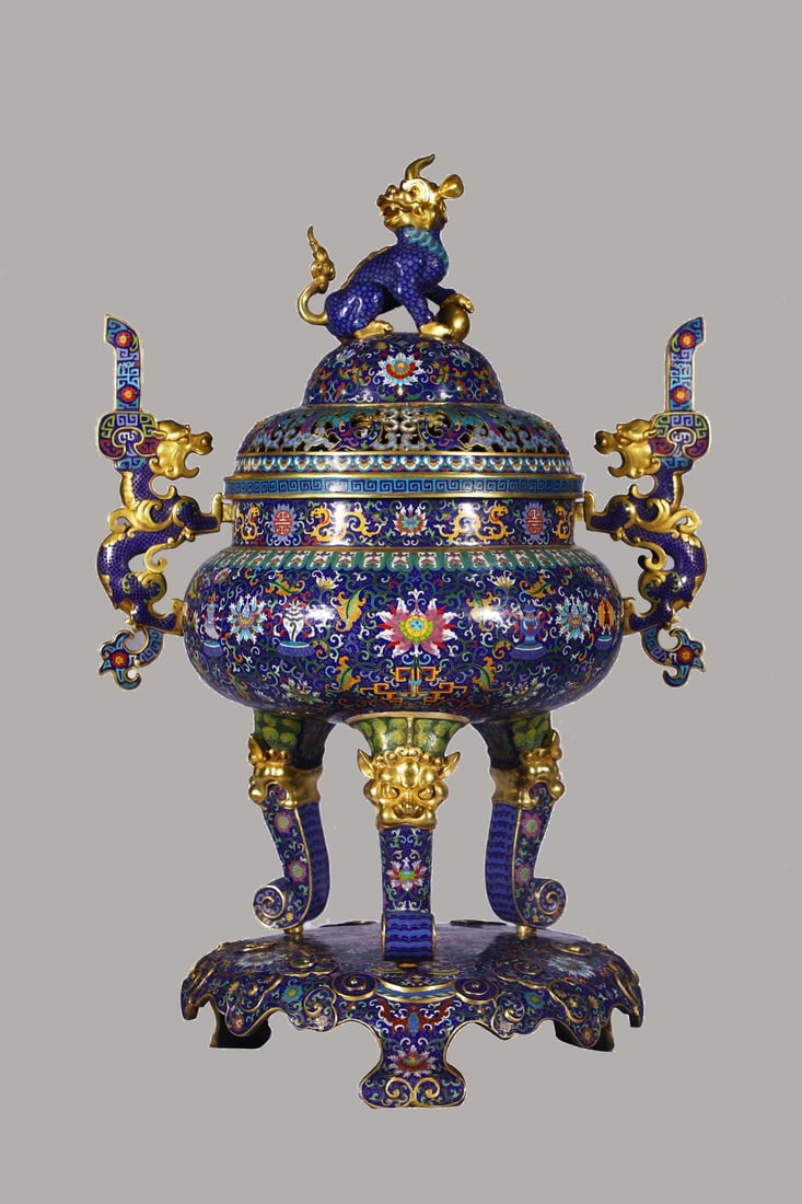 A Pair of Huge Cloisonne Enamel Lotus Pattern Dragon-Ears and Beast Legs Censers - 2