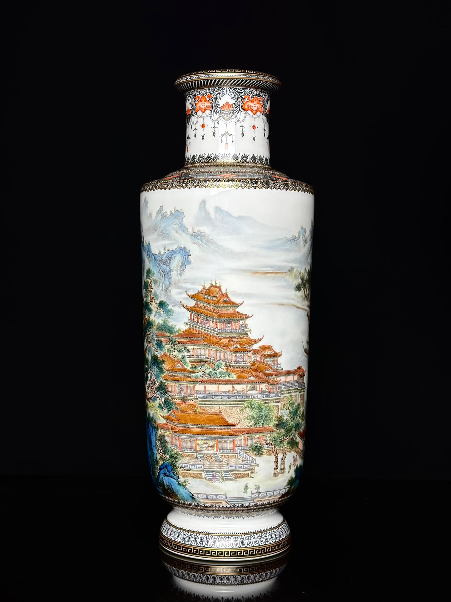 An Exquisite Ink Color Painted Gold Landscape Pattern Vase,with poem: An Exquisite Ink Color Painted Gold Landscape Pattern Vase,with poem,Qing Dynasty,China,Qianlong Six-character Mark,Size:13.6inx5in 墨彩描金山水纹瓶,