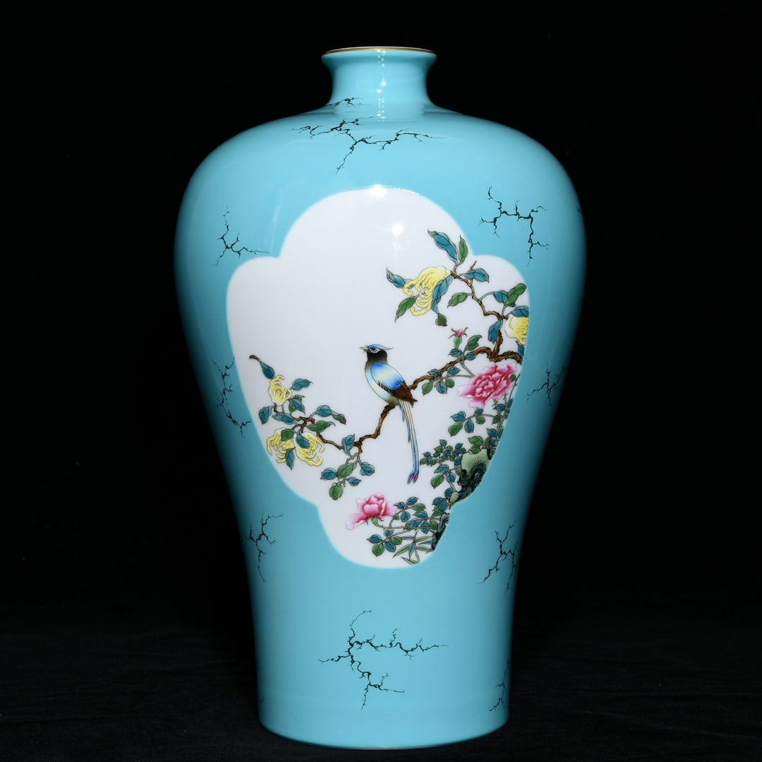 A Rare Turquoise Glazed Famille-Rose Flower and Bird Pattern Vase: A Rare Turquoise Glazed Famille-Rose Flower and Bird Pattern Vase,Qing Dynasty,China,Yongzheng Six-Character Mark,Size:12.6inx7.9in 松石绿釉粉彩花鸟 