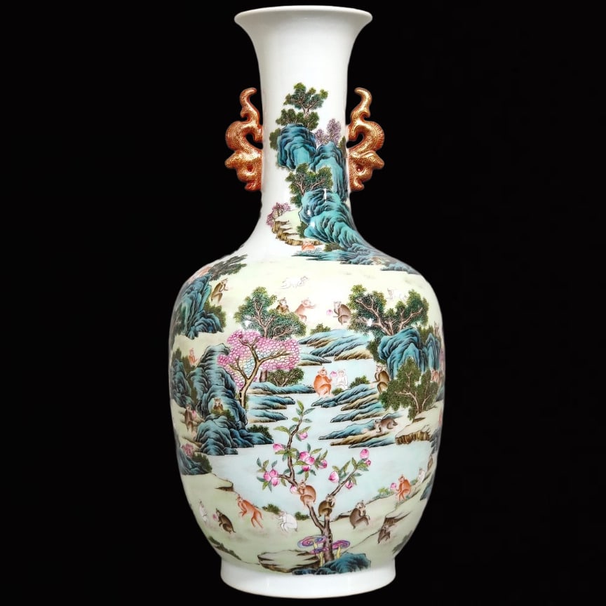 An Exquisite Enamel Monkey Pattern Double-Ears Vase: An Exquisite Enamel Monkey Pattern Double-Ears Vase,Qing Dynasty,China,Qianlong Six-Character Mark,Size:18.3inx8.5in 