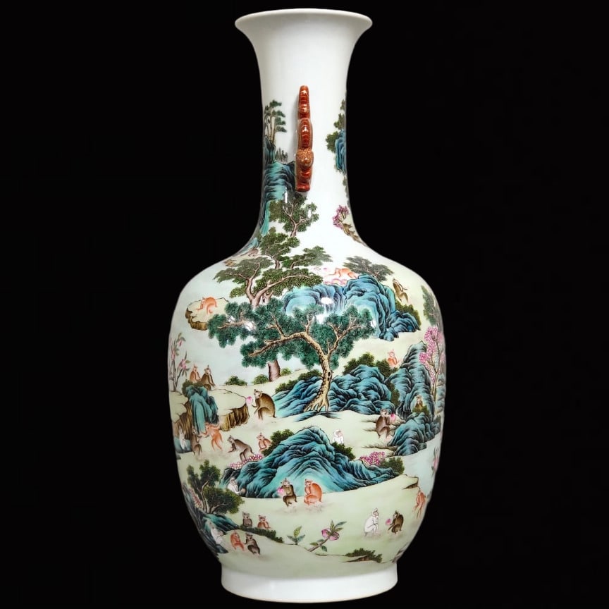 An Exquisite Enamel Monkey Pattern Double-Ears Vase - 2
