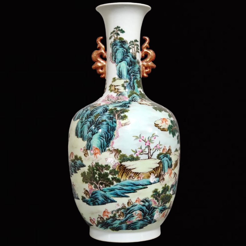 An Exquisite Enamel Monkey Pattern Double-Ears Vase - 3