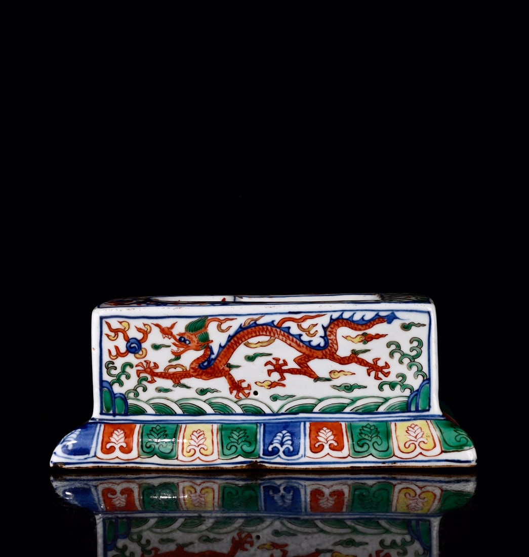 An Exquisite Doucai Seawater and Dragon Pattern Inkstone: An Exquisite Doucai Seawater and Dragon Pattern Inkstone,Ming Dynasty,China,Wanli Six-character Mark,Size:3.1inx8.3in 