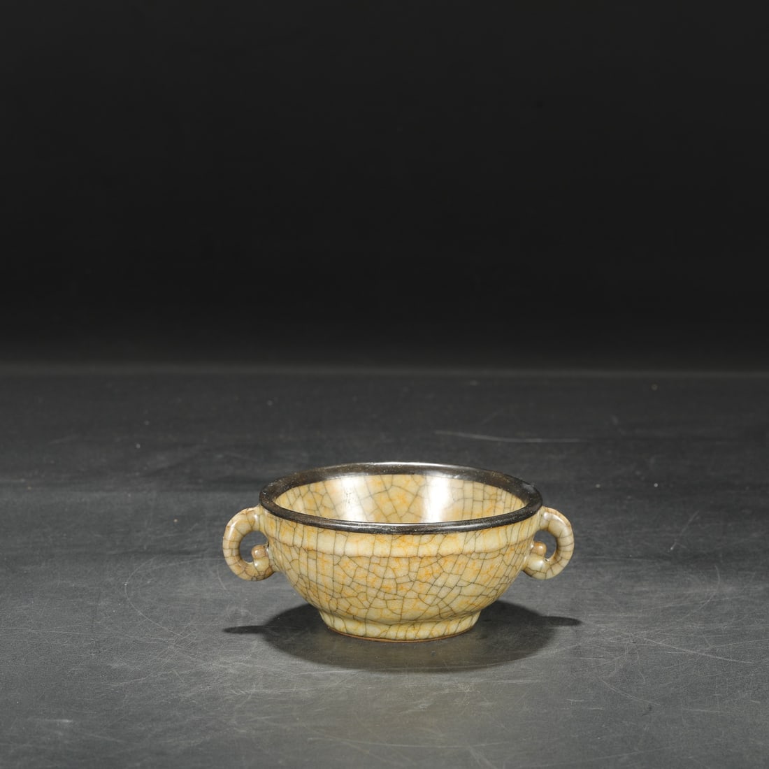 An Exquisite Ge yao Yellow Glazed Cover with Silver Double-Ears Brush Washer: An Exquisite Ge yao Yellow Glazed Cover with Silver Double-Ears Brush Washer,Song Dynasty,China,Size:2.6inx5.9in 