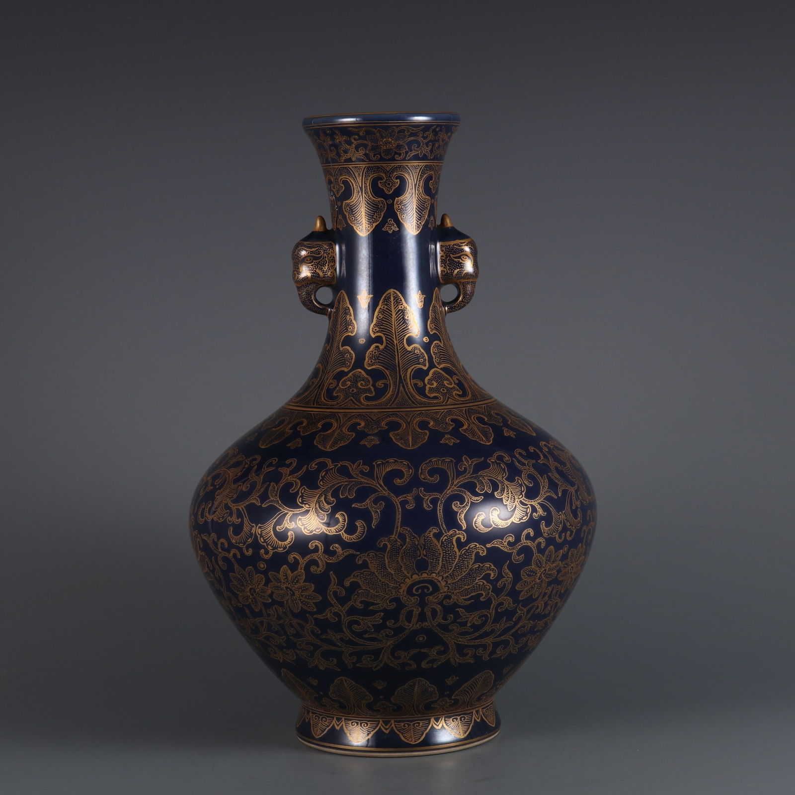 An Exquisite Ji Blue Glazed Painted Gold Lotus Pattern Elephant-Ears Vase: An Exquisite Ji Blue Glazed Painted Gold Lotus Pattern Elephant-Ears Vase,Qing Dynasty,China,Qianlong Six-character Mark,Size:13inx7.9in 