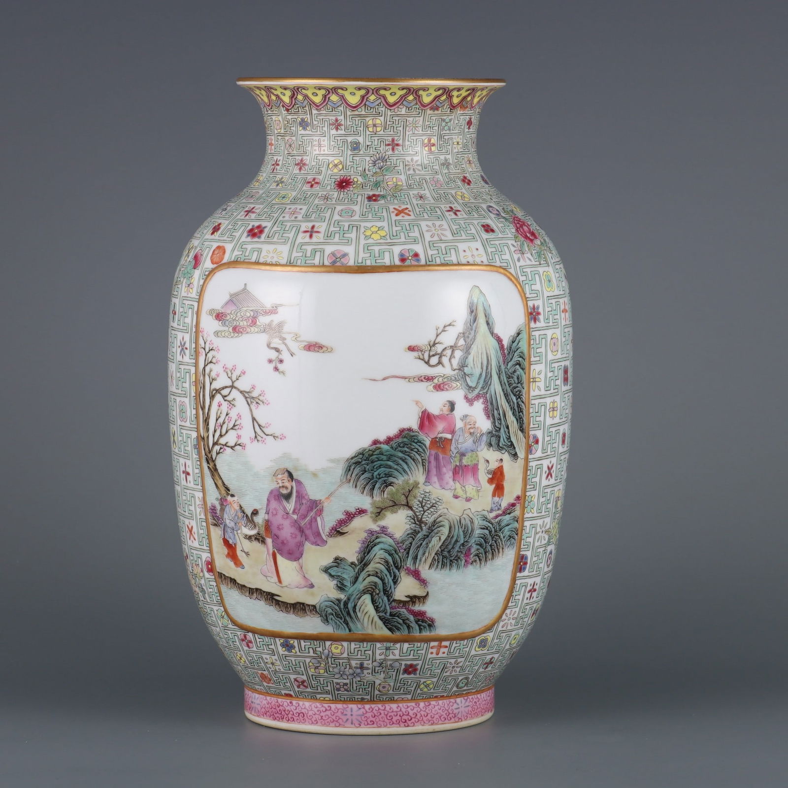 An Exquisite Famille-Rose Character and Story Pattern Vase: An Exquisite Famille-Rose Character and Story Pattern Vase,Qing Dynasty,China,Qianlong Six-character Mark,Size:10.4inx4.3in 